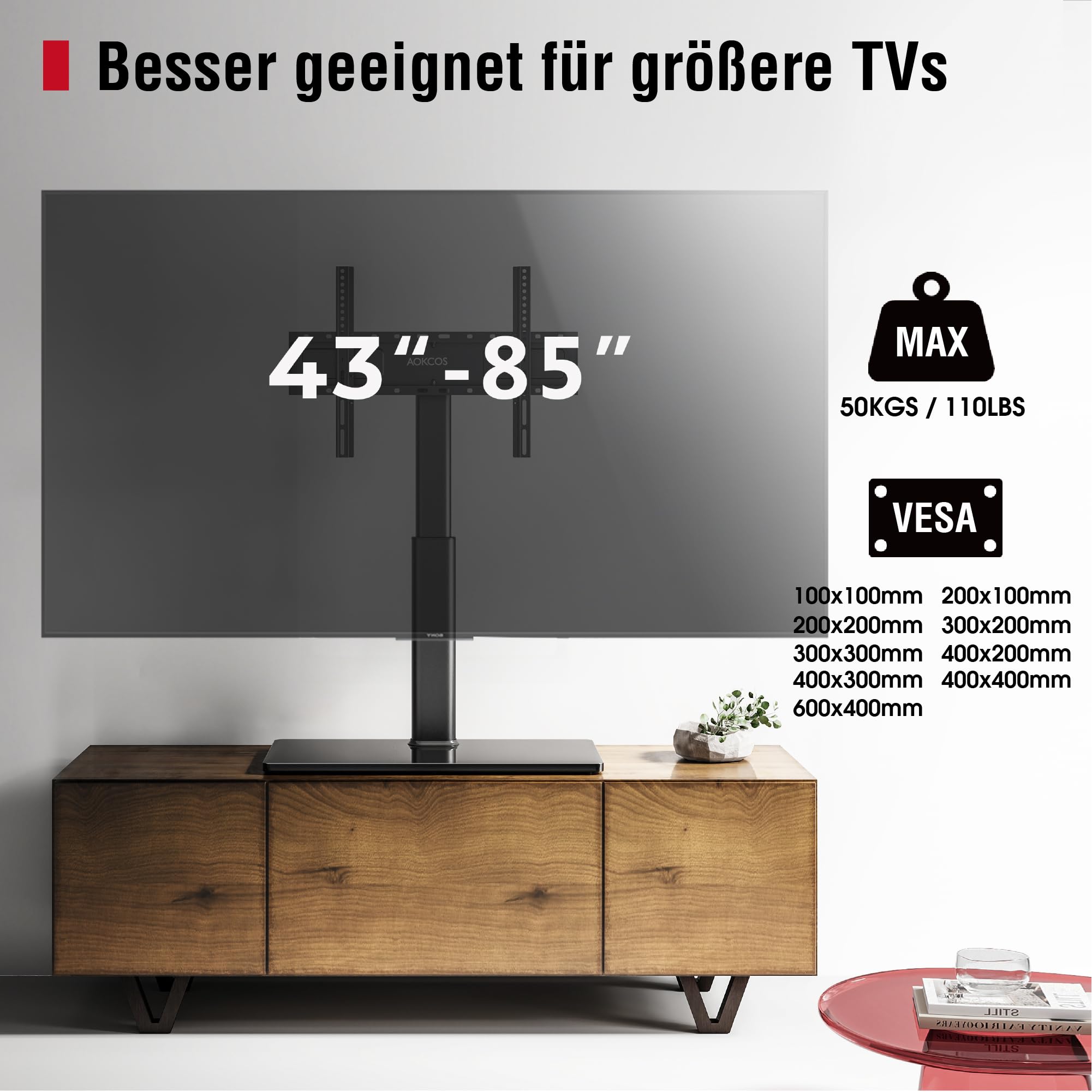 AOKCOS TV Standfuss TV Ständer Höhe 1130mm für 43-75 85 Zoll Fernseher, Neigbar Schwenkbar Höhenverstellbar Fernsehständer, Universal TV Standfüße Standfuss Max VESA 600x400mm 50KG (Schwarz)