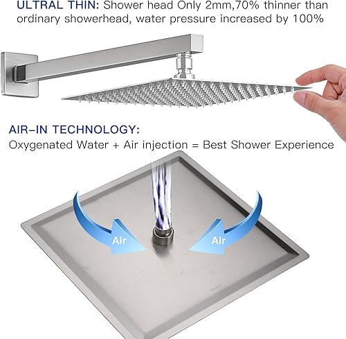Miniatura 3 de BWE Sistema de ducha de 12 pulgadas, grifo de cascada de níquel cepillado completo con juego de boquilla, mezclador de lluvia cuadrado de lujo,