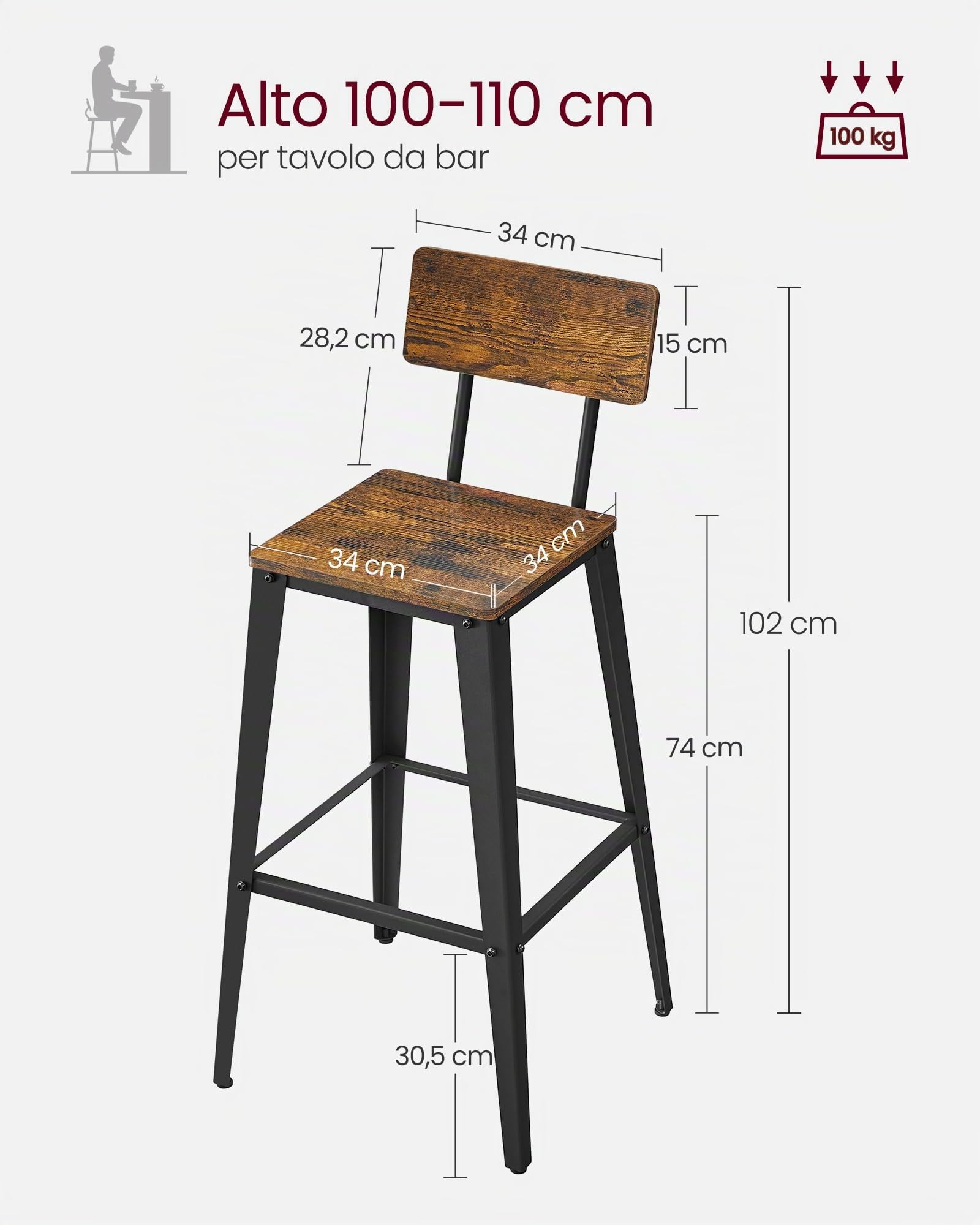 VASAGLE Sgabelli da Bar, Set da 2, Sgabelli Cucina, con Schienale, Struttura in Acciaio, Facile da Montare, Sgabelli Alti, Stile Industriale, Marrone Vintage e Nero LBC078B01