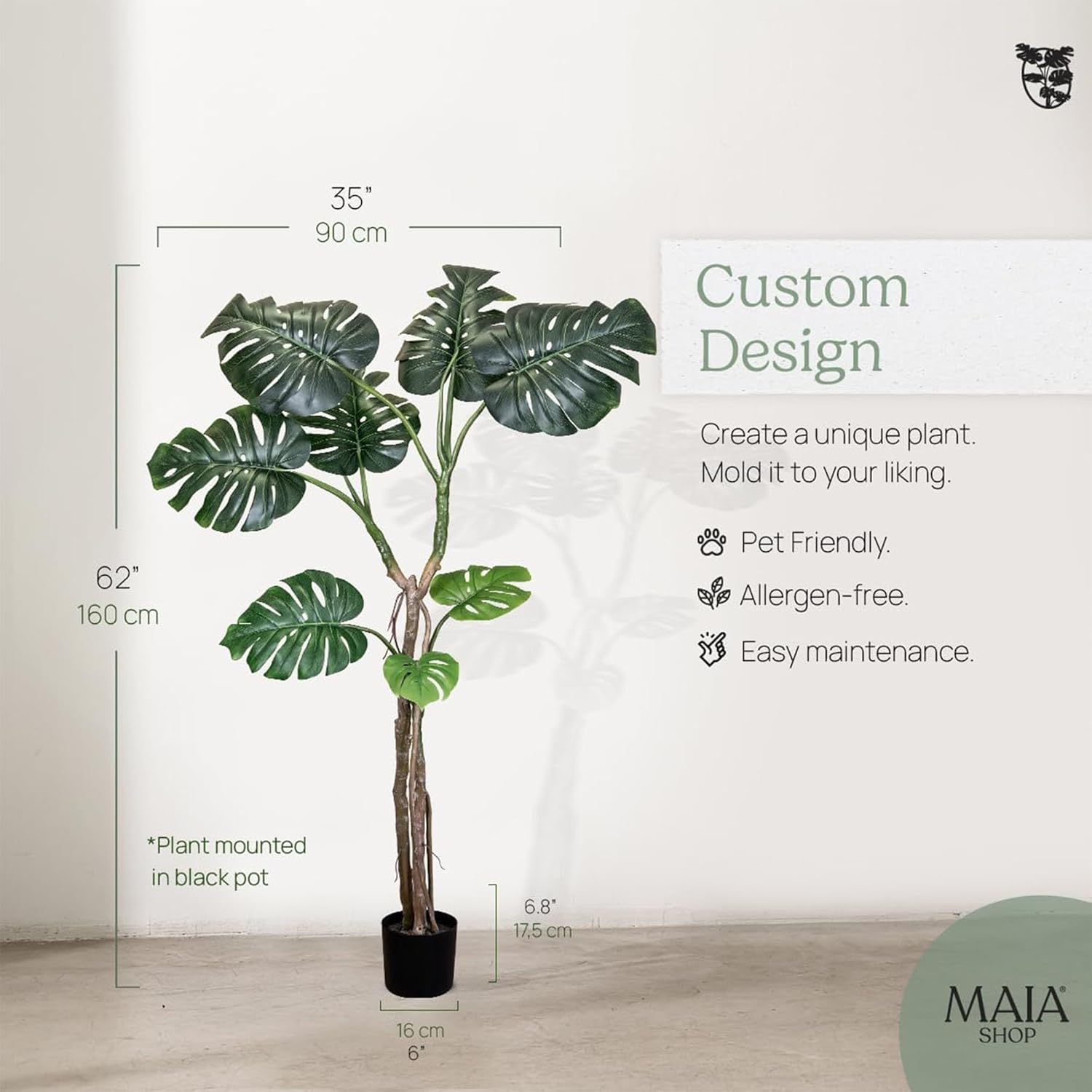 Maia Shop 5ft 3in Artificial Monstera Plant for House, Apartment or Office – Realistic Fake Indoor Plants for Living Room, Bedroom, Entryway or Bathroom – Faux Greenery for Home Décor