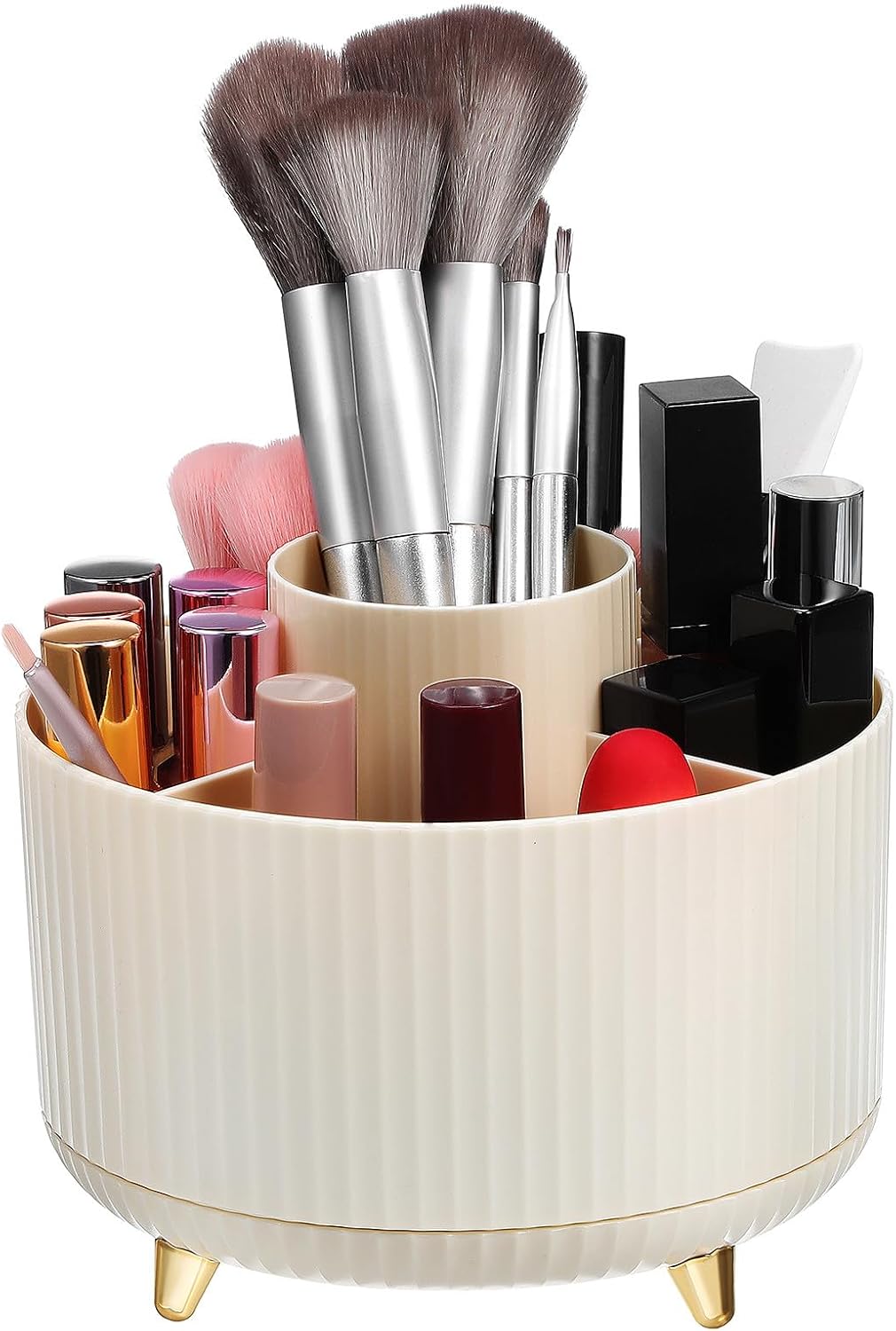 LIFKOME Rotating Makeup Organizer and Brush Holder 360° Cosmetic Display Case with Divided Compartments for Vanity Bathroom Storage, Cream White Desktop Skincare and Perfume Stand