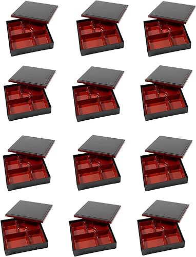 Vista 15 de JapanBargain, Caja Bento japonesa lacada en rojo y negro con tapa, 5 compartimentos, juego de 3 piezas (base, inserto, tapa), sin BPA, restaurante