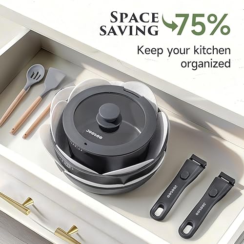 Miniatura 8 de JEETEE Juego de 20 ollas y sartenes reforzadas de titanio, antiadherentes, con mango desmontable, juegos de utensilios de cocina de inducción, asas