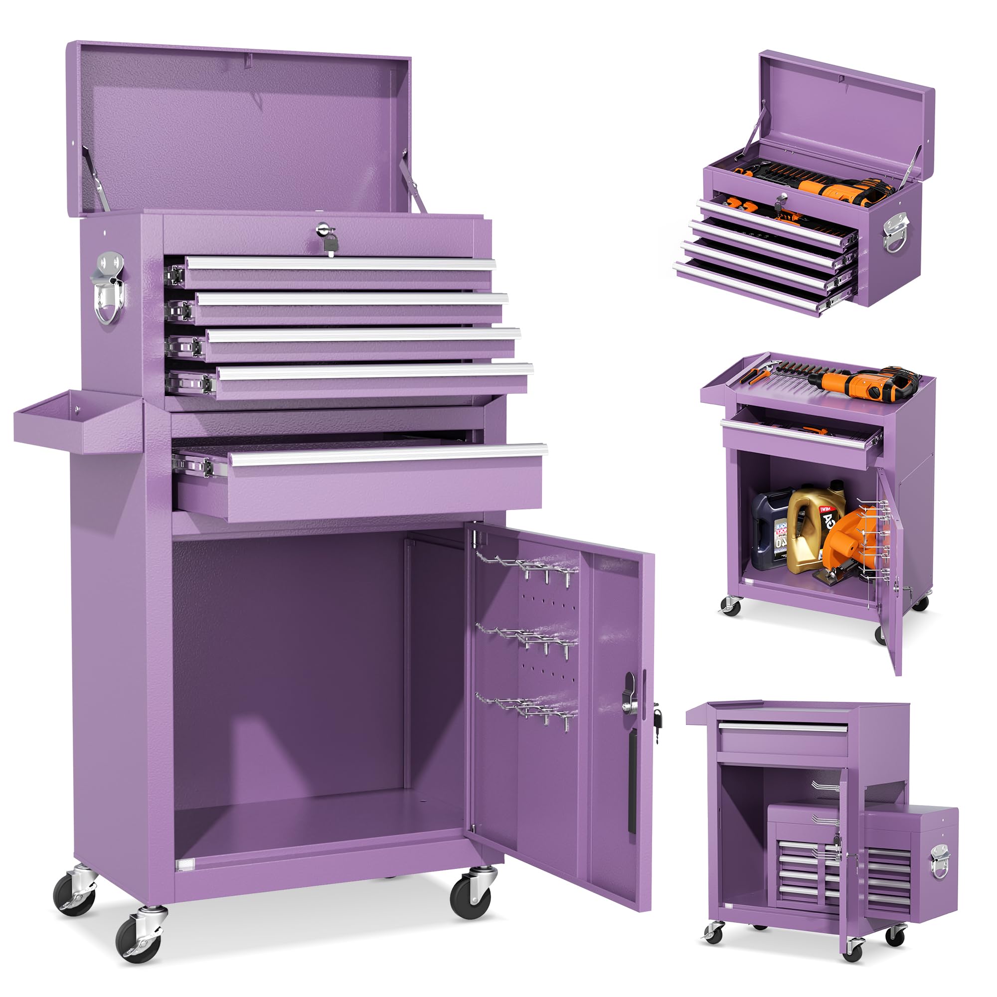 INTERGREAT 5 Drawer Tool Chest with Wheels, Rolling Tool Chest with Enhanced Packaging, Tool Storage Organizer Cabinets with Lock&Key for Garage, Workshop (Purple)