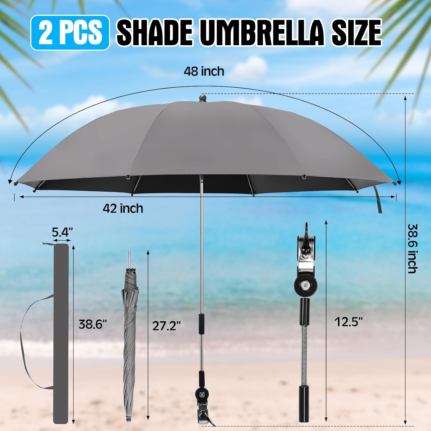 Talltalk 2 Pcs Beach Umbrella with Clamp, 42" UV Protection Chair Umbrella, 360° Adjustable Universal Clamp Sun Shade for Beach Chair, Stroller, Wheelchair, Golf Cart & Bleachers