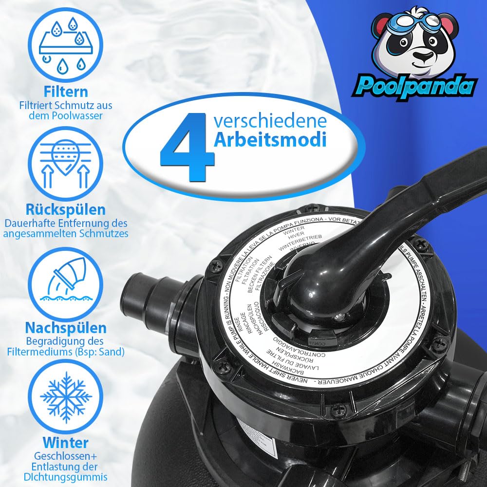 Poolpanda Sandfilteranlage DS 6500 Pro | 6.000 l/h Pumpleistung | 4.100 l/h Systemleistung | großer 310 mm Kessel | schwarz | für Pools bis 20.000 Liter | Pool Sandfilter 32+38 mm