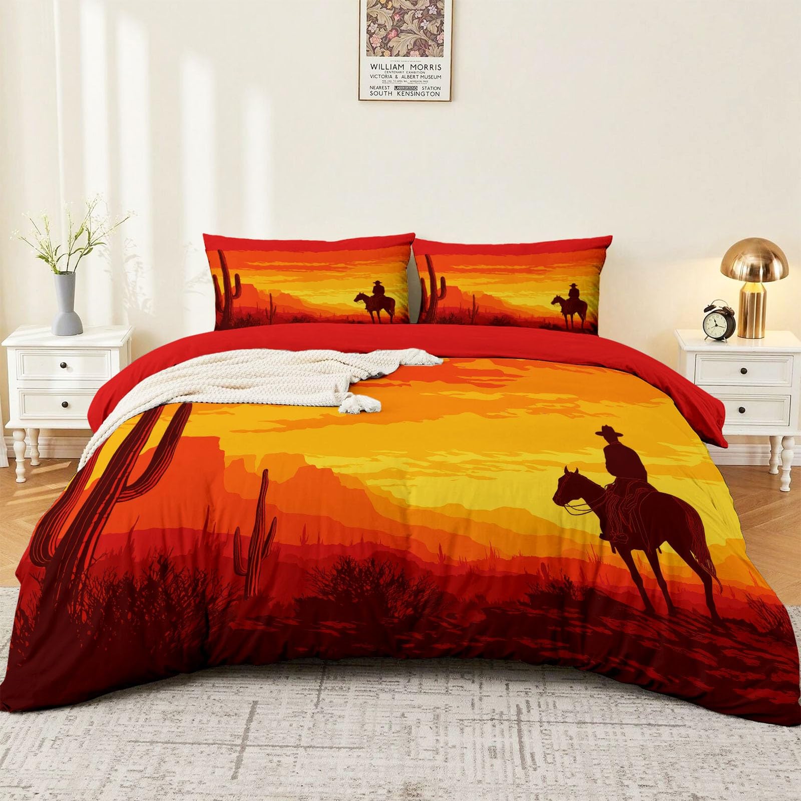 Biancheria da letto vintage da 155 x 220 cm, 3 pezzi, con silhouette di cowboy, reversibile, in morbida microfibra, con chiusura lampo, 2 federe da 80 x 80 cm, colore arancione