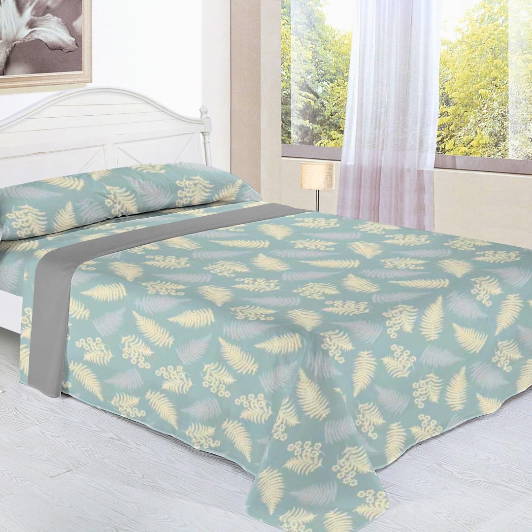 KUMY Juego de Sábanas Coralina Perchado Doble Cara para Invierno -Extra Suave, Ajustable, Diseño Estampado- 3 Piezas (Hojas Serenas, Cama 150)