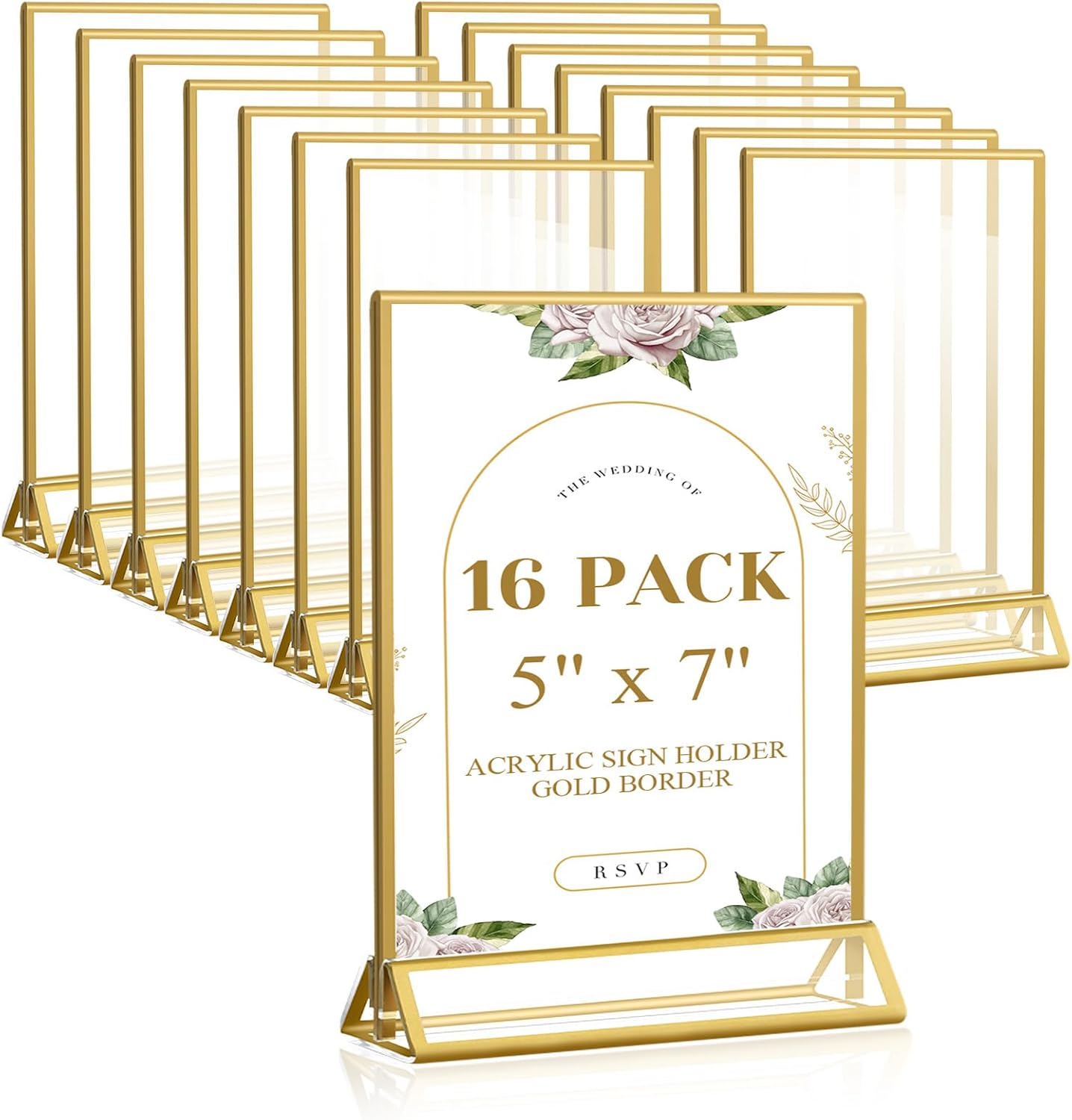 Smarpau Gold Acrylic Sign Holder 5x7, Double-Sided Display Stand, Clear Picture Frames/Flyer Holder/Menu Holder/Table Number for Wedding, Home, Offices(16Pcs)