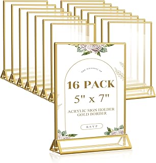 Smarpau Gold Acrylic Sign Holder 5x7, Double-Sided Display Stand, Clear Picture Frames/Flyer Holder/Menu Holder/Table Number for Wedding, Home, Offices(16Pcs)