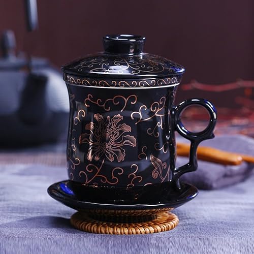 Miniatura 7 de Taza de té de porcelana con tapa de infusor y juegos de platillo, taza de té de cerámica china Jingdezhen, taza de té de hojas sueltas para oficina