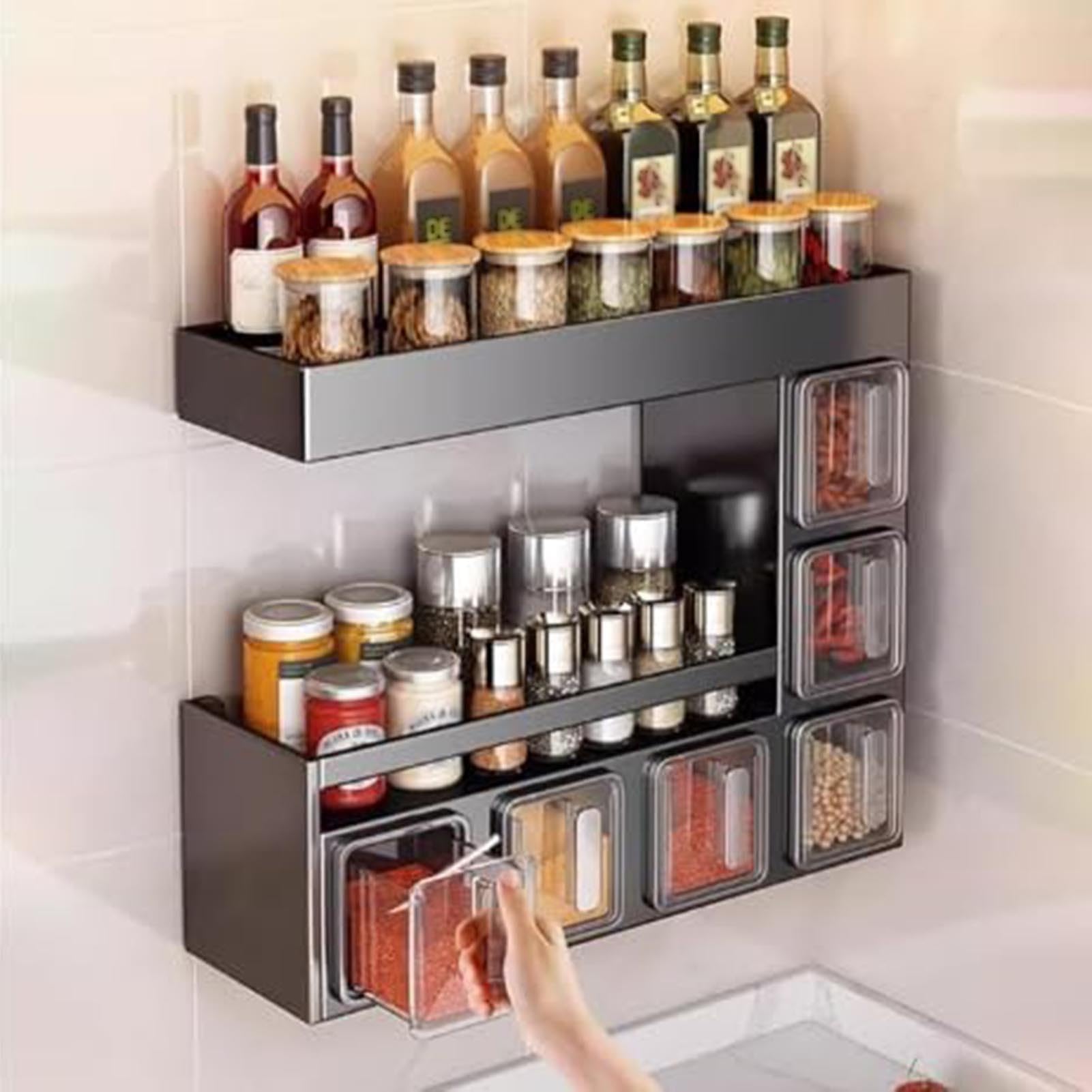 THEGA Estante para Especias De Pared con 6 Frascos Y Cucharas, Resistente A La Corrosión, Sin Necesidad De Taladrar, Estante De Almacenamiento De Cocina Multifuncional