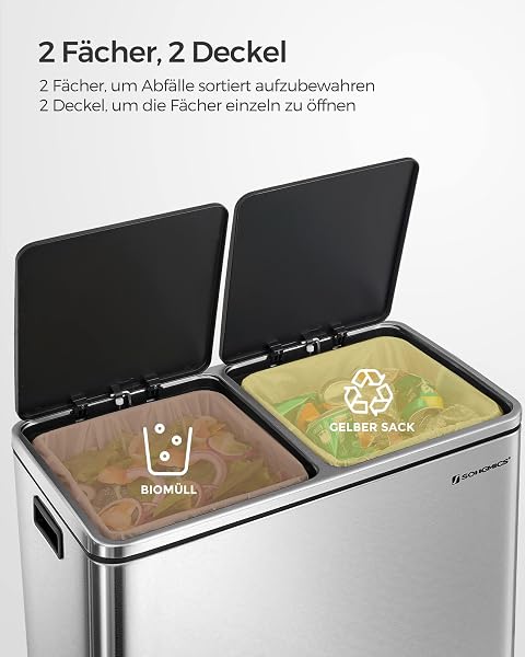 SONGMICS Mülleimer, 2 x 30 Liter, 2 Fächer, Mülltrennsystem, Treteimer, Abfalleimer Küche, 15 Müllsäcke, Metall, Inneneimer aus Kunststoff, Klappdeckel, Softclose, luftdicht, silbern-schwarz LTB60NL - 3