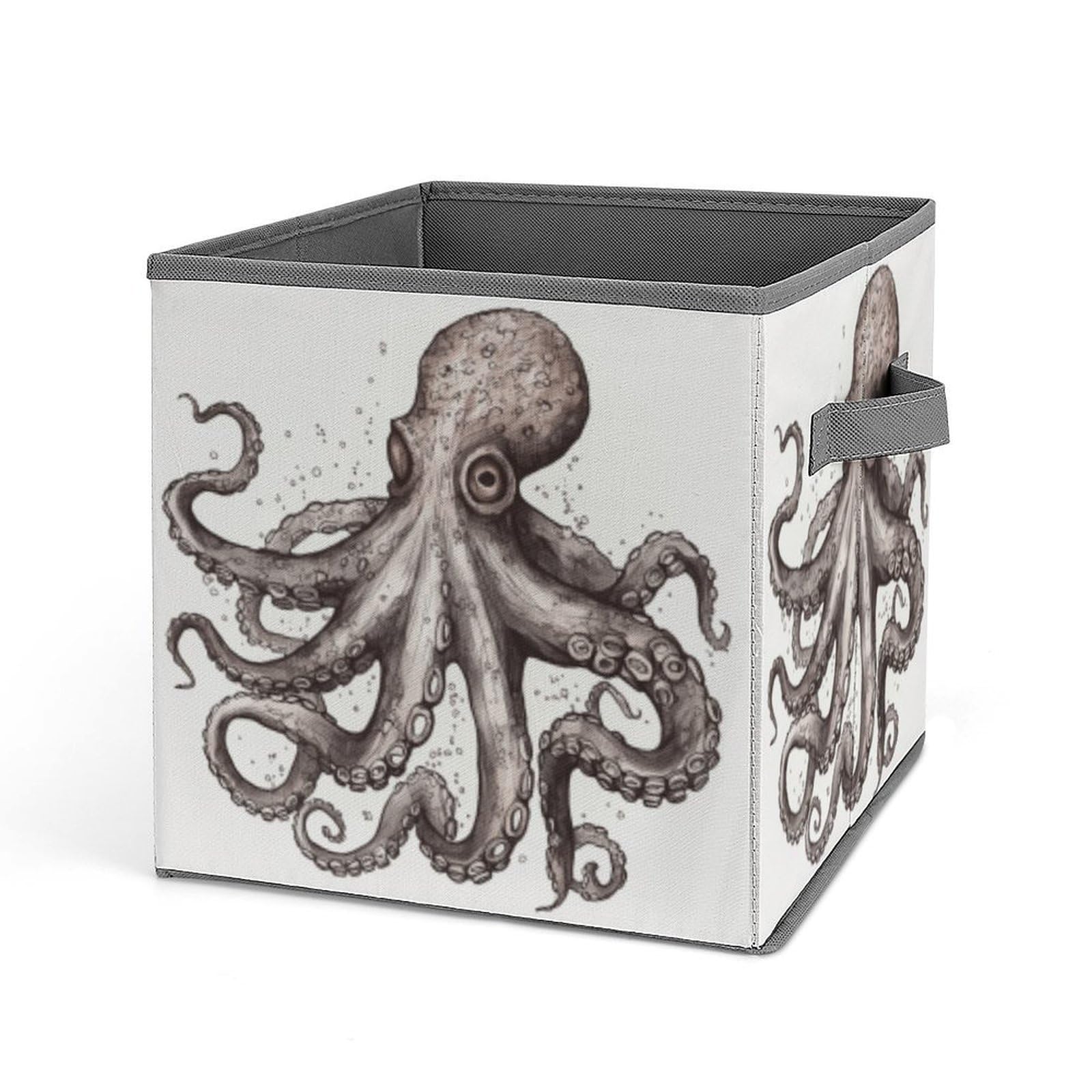 Octopus Storage Baskets Collapsible, Exquisite Pattern Cube Box, Canvas Fabric Storage Bins with Handles, Clothe Organizer Box for Home Decorative Office Bedroom