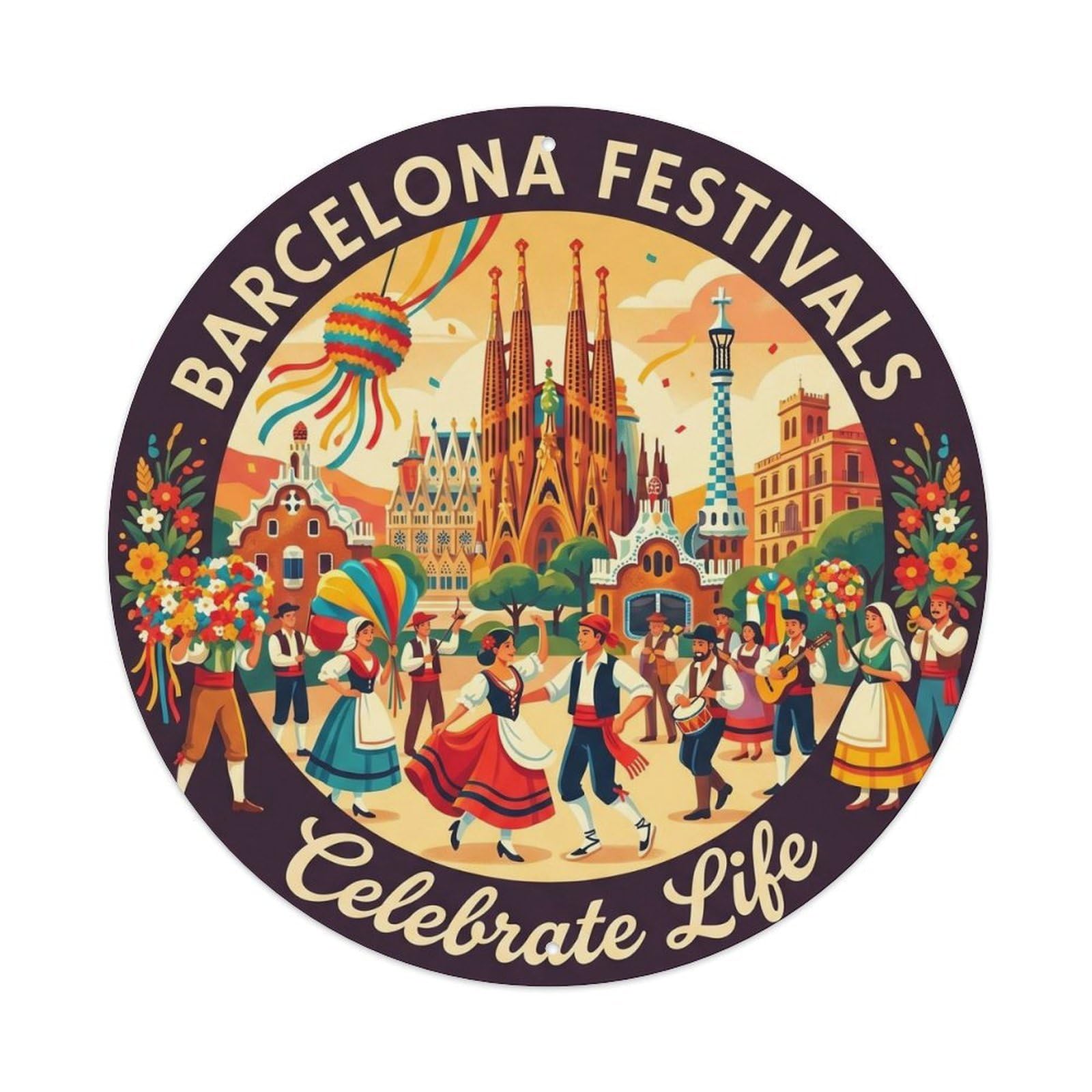 Mediterranean Barcelona Festival Catalan Celebration Travel Metal Tin Sign Plaque Wall Decor for Cafe, Man Cave, Club Bar, Office, Home Garden Round Metal Poster 8x8Inch