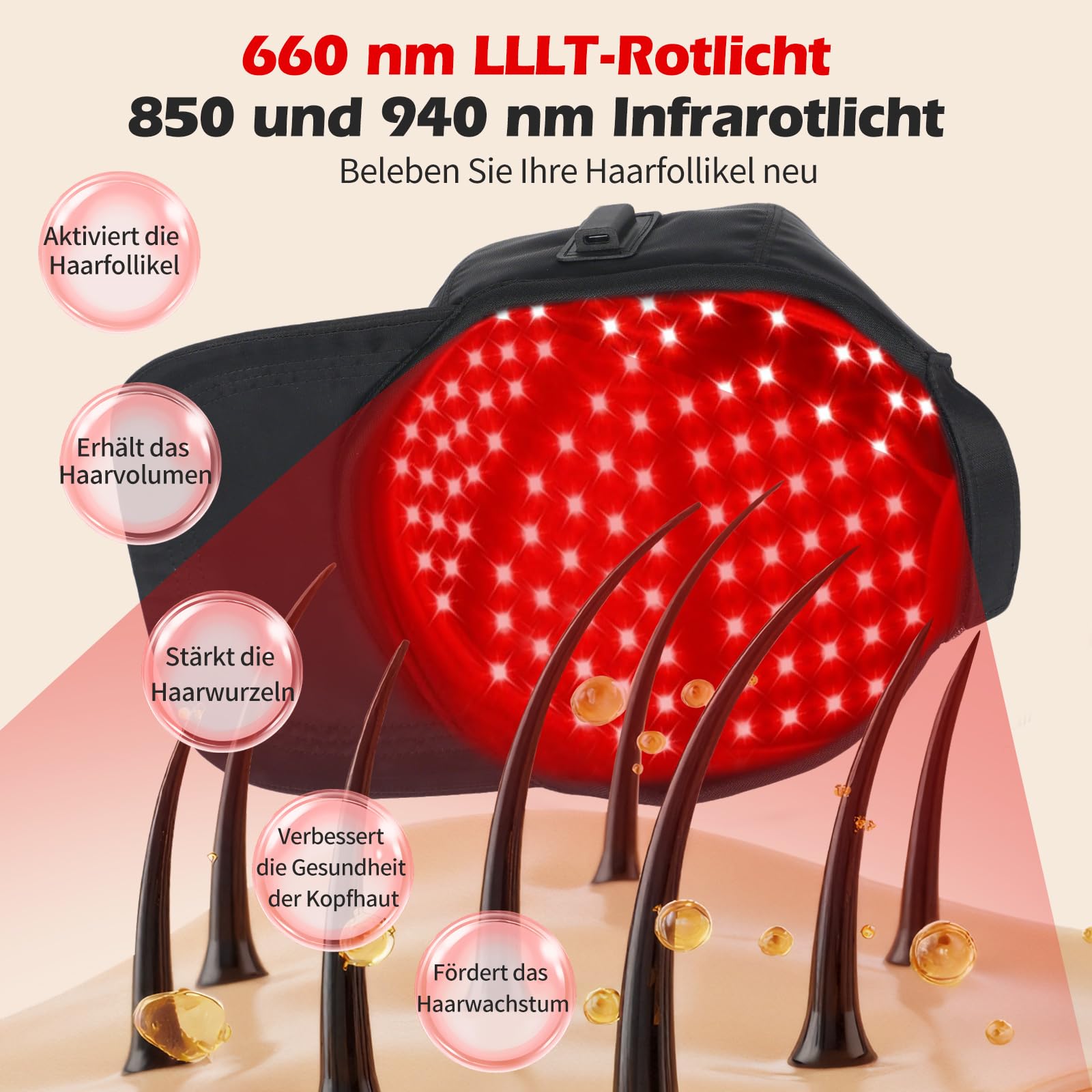 180 LEDs Red Light Kappe für Haarwachstum und Gegen Haarausfall, 660/850/940nm Wavelength, Haarwachstum Cap Einstellbare 5 Helligkeitsstufen für den Heimgebrauch