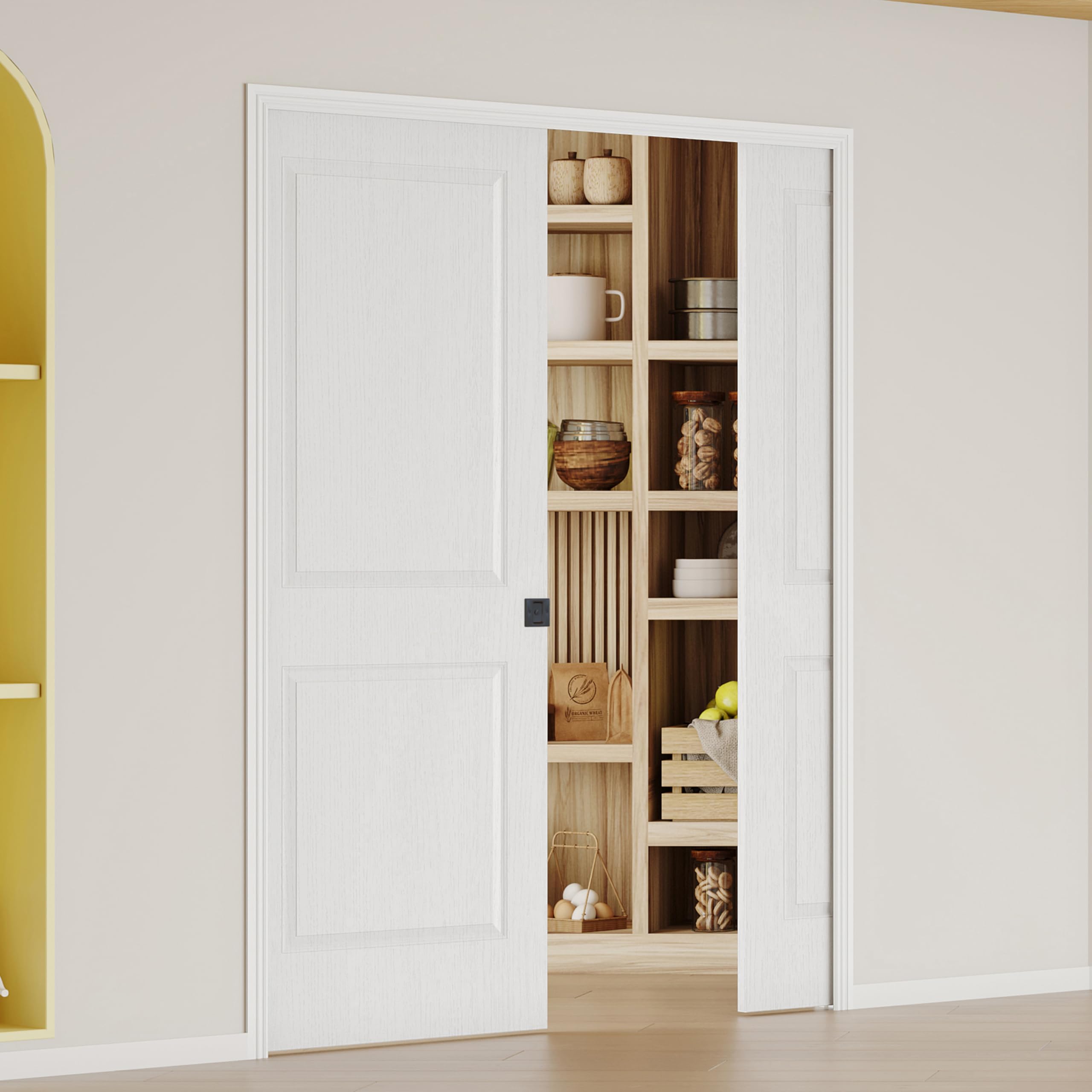 60" x 80" Sliding Pocket Interior Door, 2-Panel Hollow Core Pantry Door with Frame and Hardware Kit, Lightweight Closet Door, Waterproof PVC Surface, Easy to Install