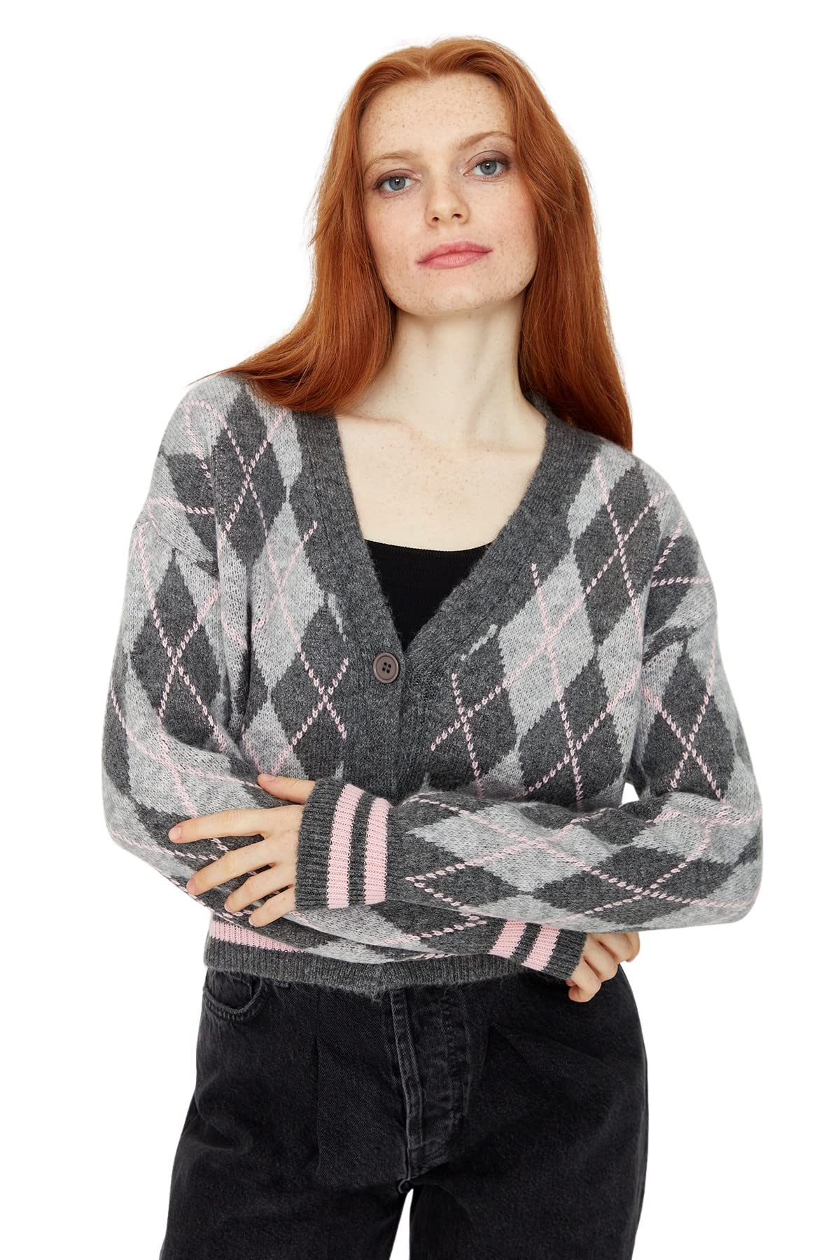 Trendyol Women's Woman Regular Standard V-Neck Knitwear Cardigan Sweater, Anthracite, S