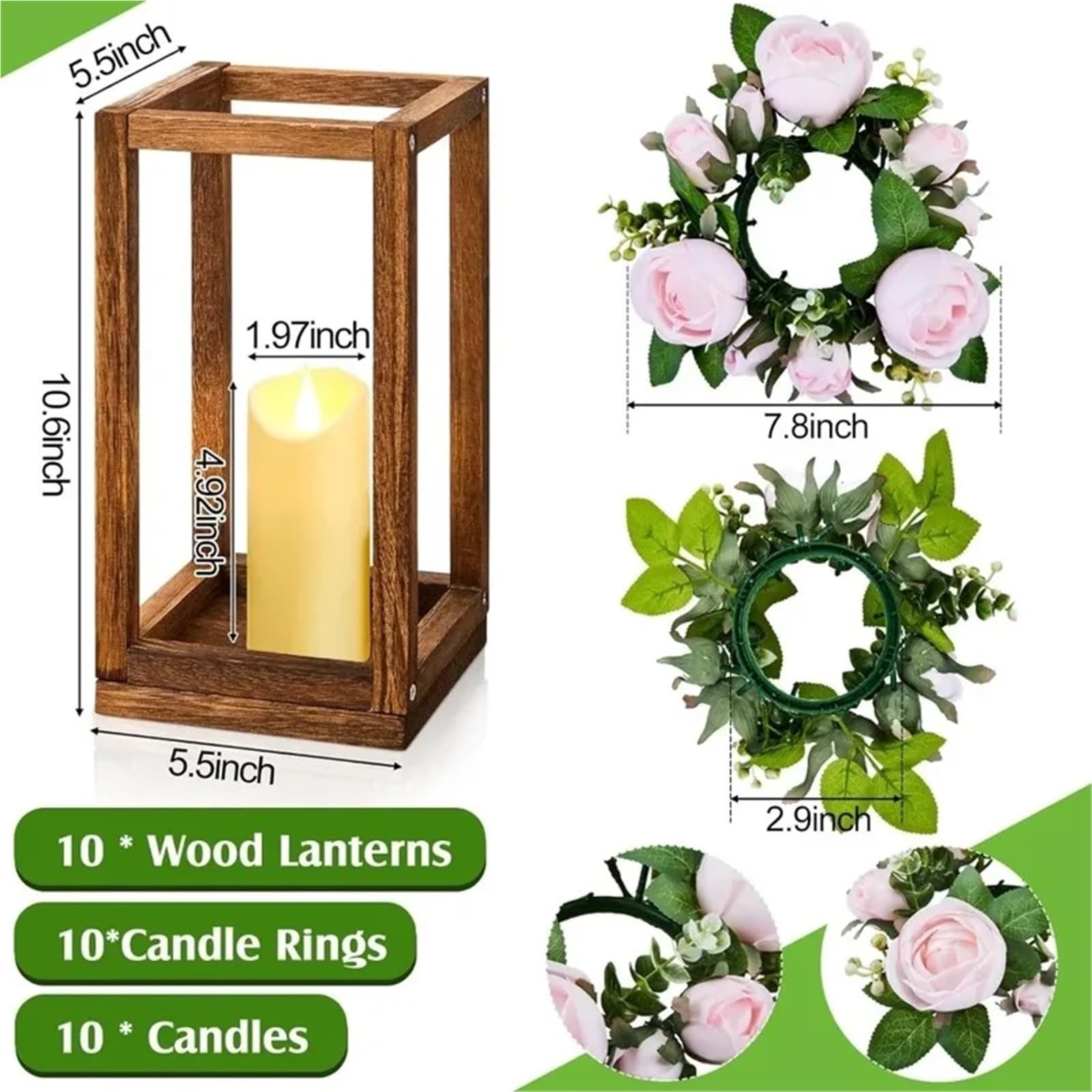 Portavelas Decor Faroles de Madera eucalipto, centros Mesa, candelabros, Rosas, decoración Decorativa for Fiestas(White Flower)