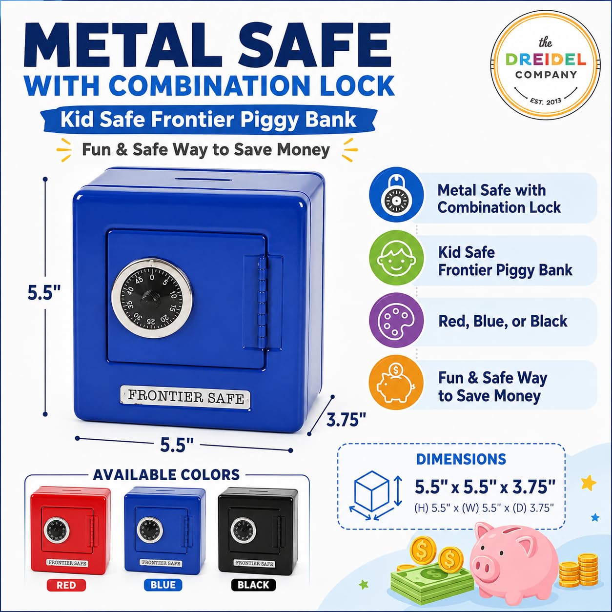 The Dreidel Company Caja fuerte de metal con cerradura de combinación, hucha de frontera segura para niños, forma divertida y segura de