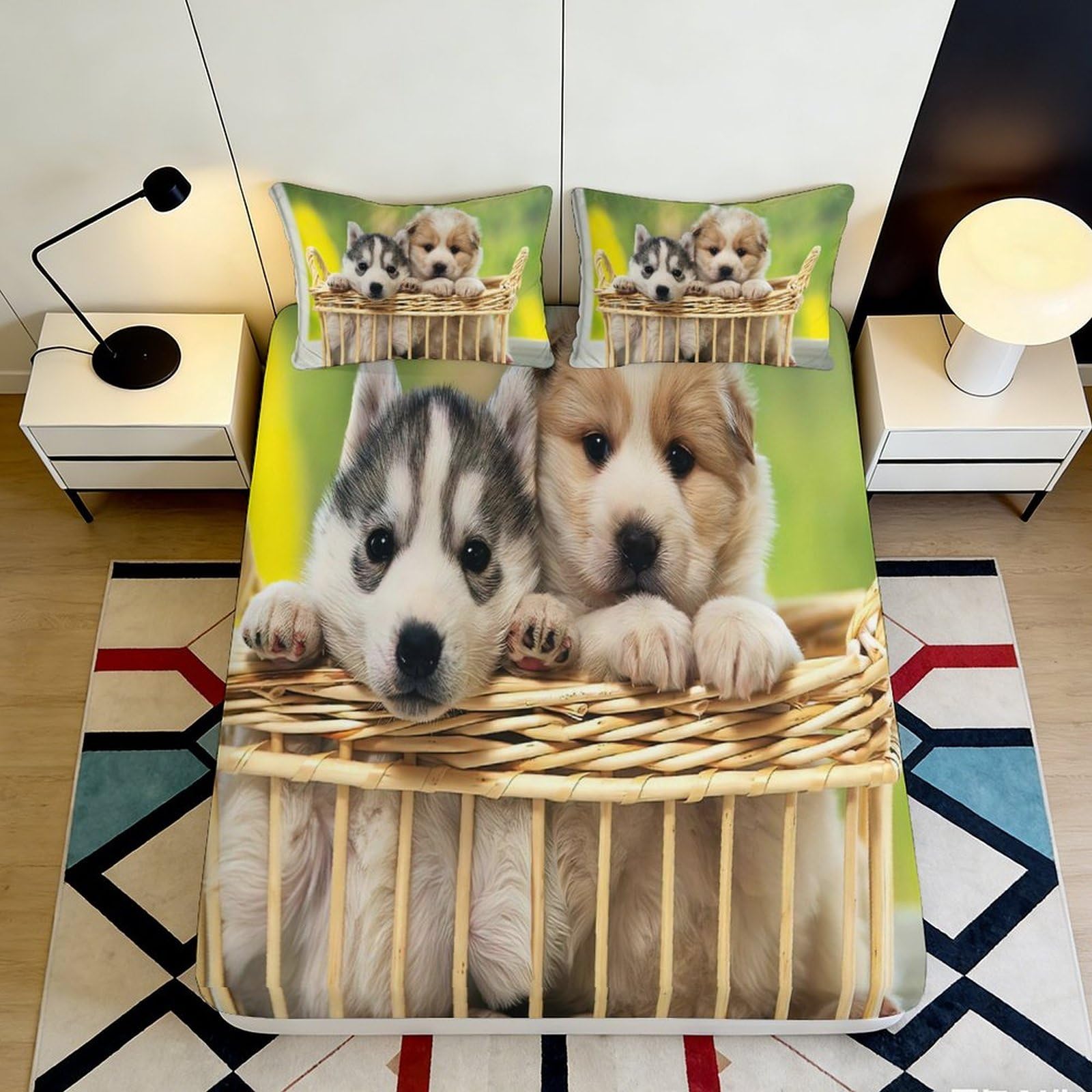 3D Printed Cute Husky Puppy Fitted Sheet Microfiber Soft Anti-Slip Mattress Cover for Bedroom Guest Room Decor Washable 90x200x25cm