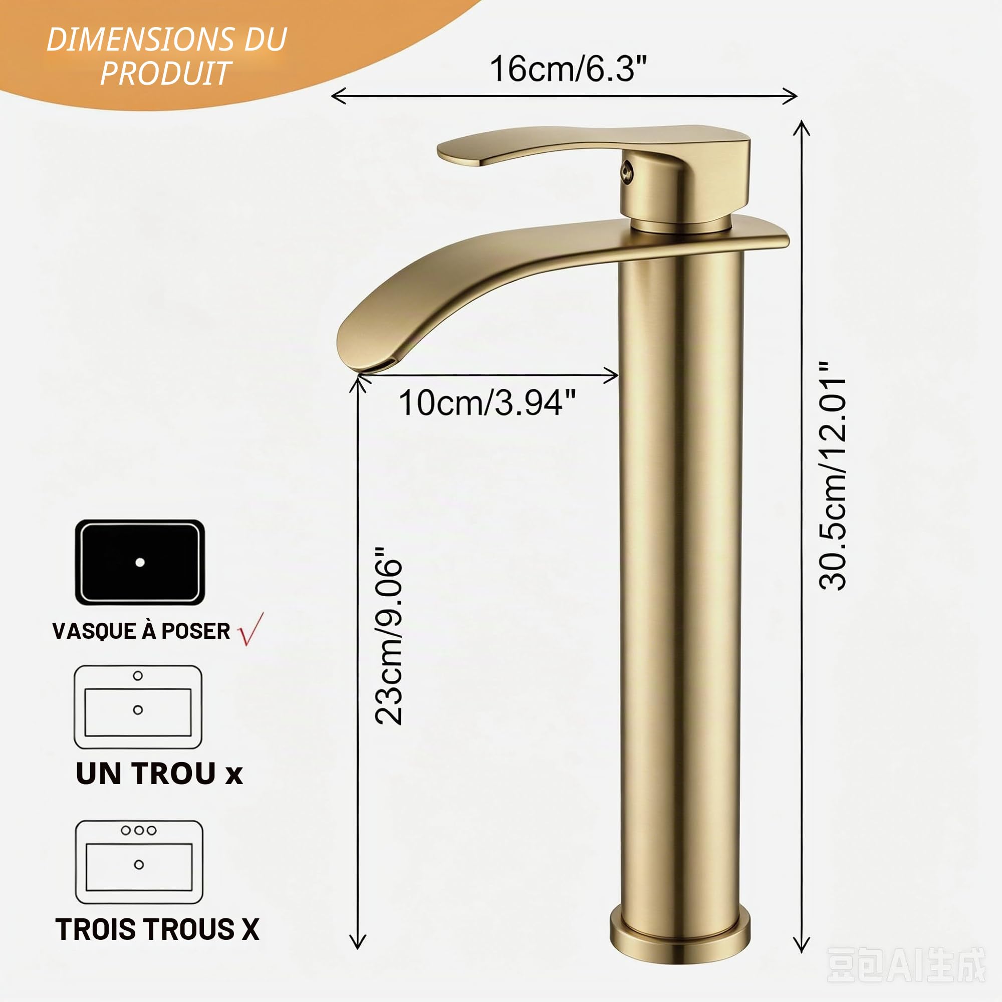 Grifo de cuisine moderne à cascade, bec haut en or brossé, corps en laiton avec raccords de 3/8", mitigeur monocommande pour lavabo