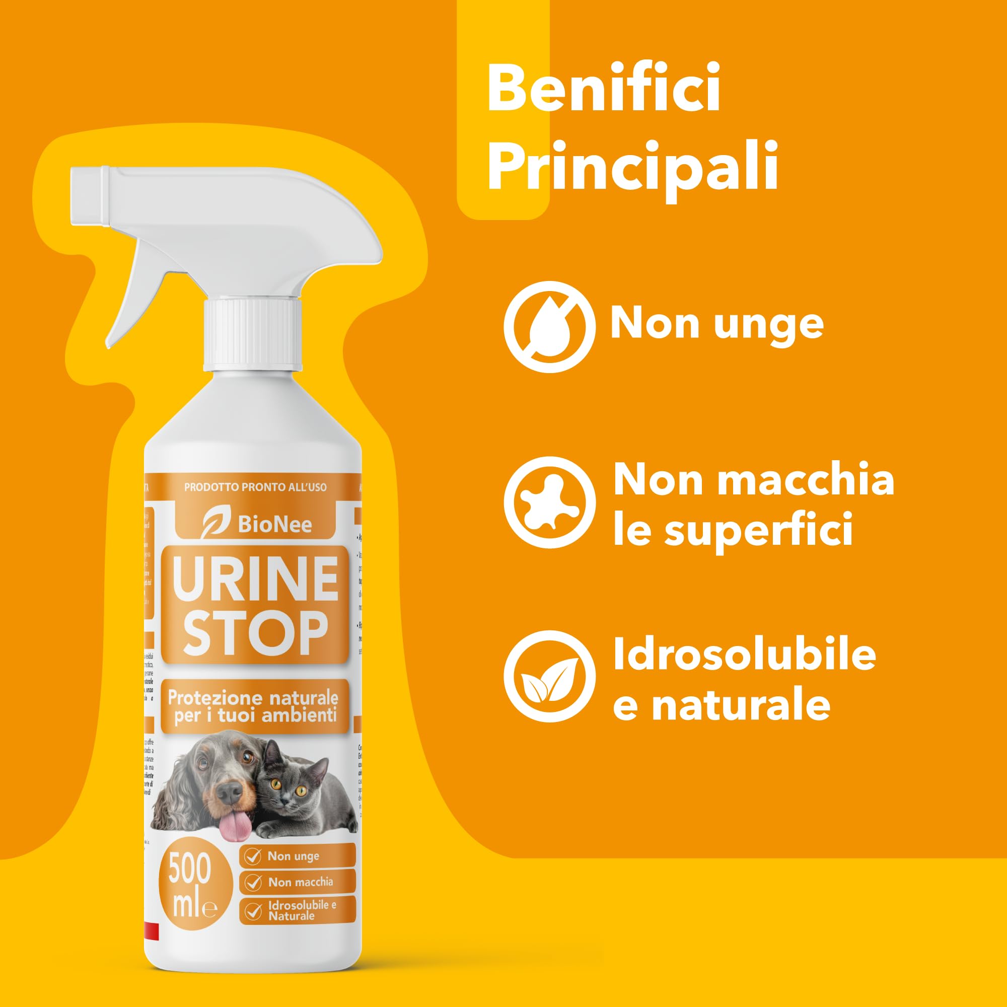 Bionee Urine Stop Spray Naturale per Cani e Gatti 500 ml – Doppia Azione: Disabituante agli Agrumi + Elimina Odori – Pronto all’Uso, Non Macchia, Sicuro per Ambienti Interni ed Esterni