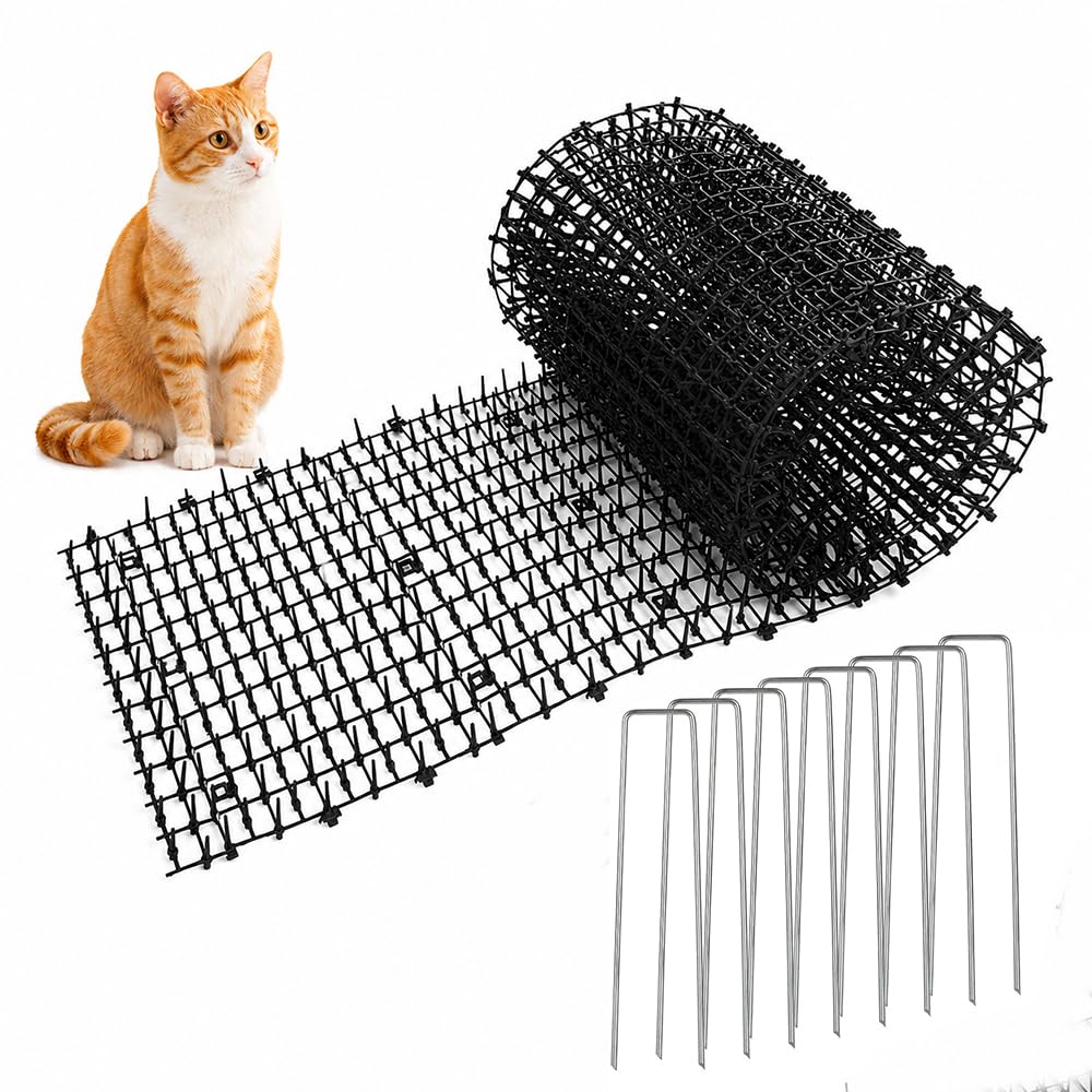 Cat Scat Mat with Spikes, 400x30cm Plastic Cat Repellent Mat, Anti Cat Prickle Strips with 8Pcs U Shape Pegs, Multi Purpose Cat Deterrent Outdoor Mat for Garden Fence Dogs Cats Foxes