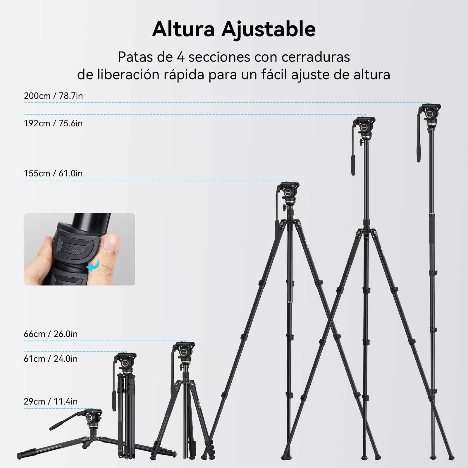 SMALLRIG Trípode para videocámara de 75 pulgadas, monopod con base de nivelación +/-15°, cabezal fluido, trípode profesional para cámara de vídeo DSLR, CT210-4475
