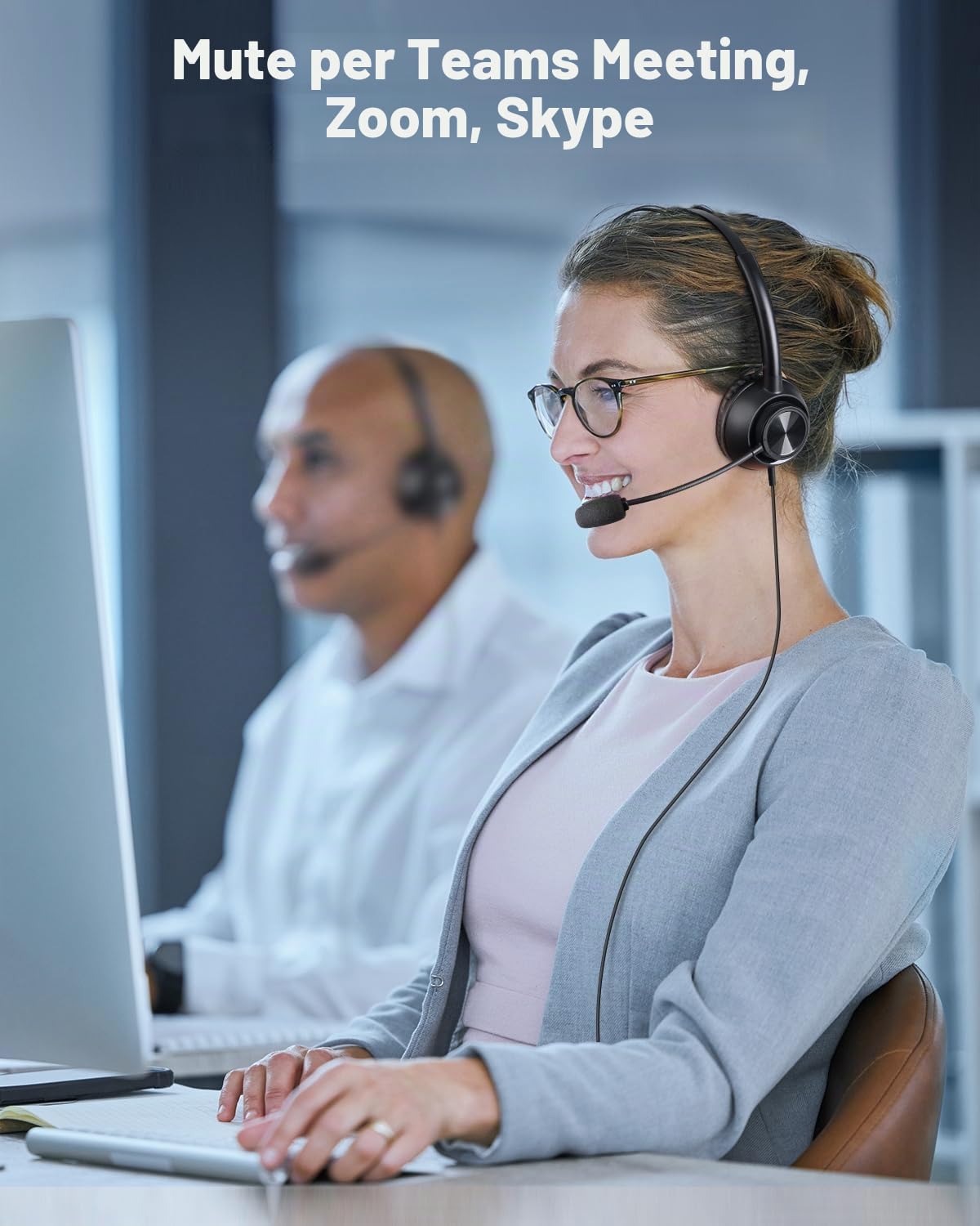 New Bee Cuffie con Microfono per PC, Cuffie con Microfono, cuffia per PC con USB-A e USB-C, per call center/conferenze telefoniche/chat Skype/corsi online