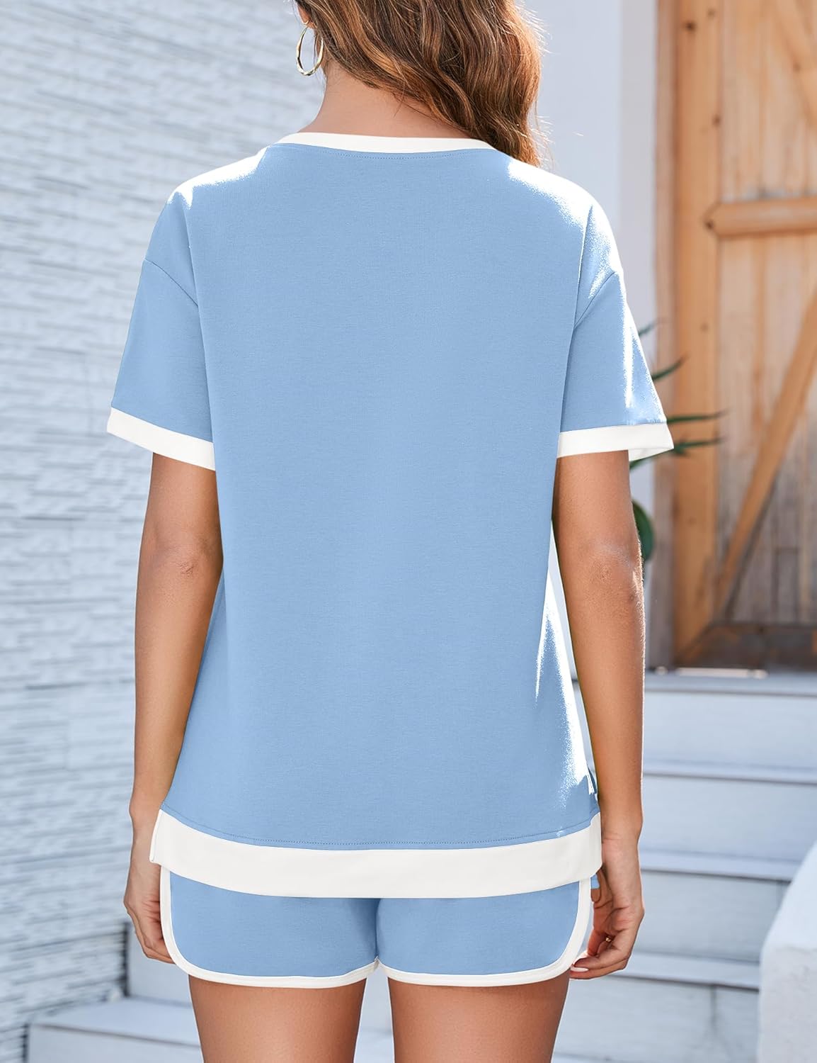 AKEWEI Shorts Sets Women 2 Piece Outfits Casual Short Sleeve Crewneck Tops and Drawstring Shorts Color Block Sets - Image 4