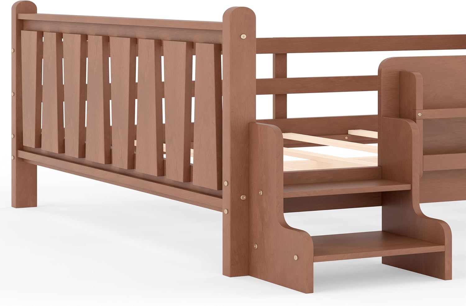 LUMISOL Queen Size Platform Bed Frame for Kids, Solid Wood Bed Frame with Bookshelves and Stairs, No Box Spring Needed, Natural