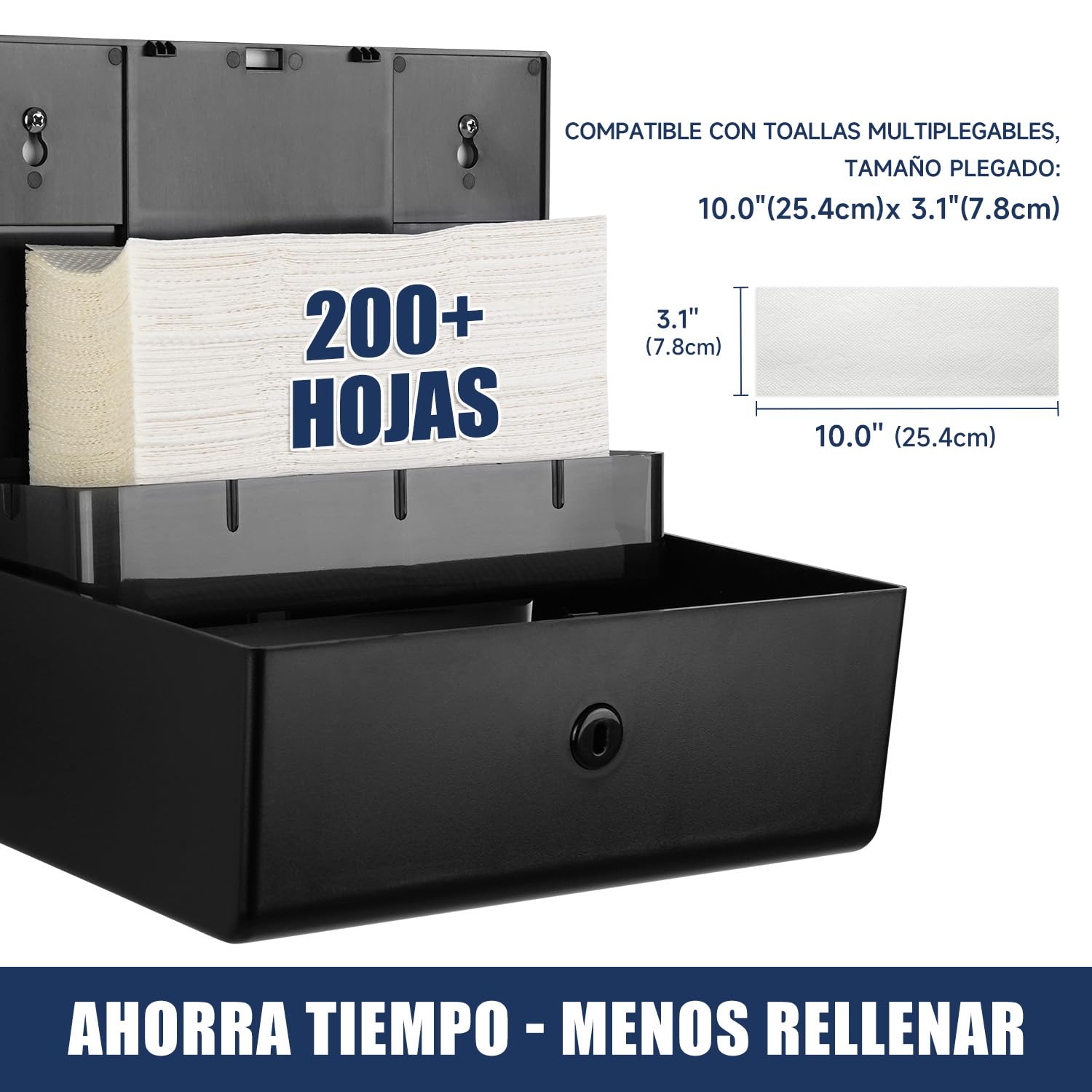 AIKE Dispensador Papel Secamano Pared 200+ Hojas Pliegue Z Toallas Multifold 25.4x7.8 cm Negro AK5102