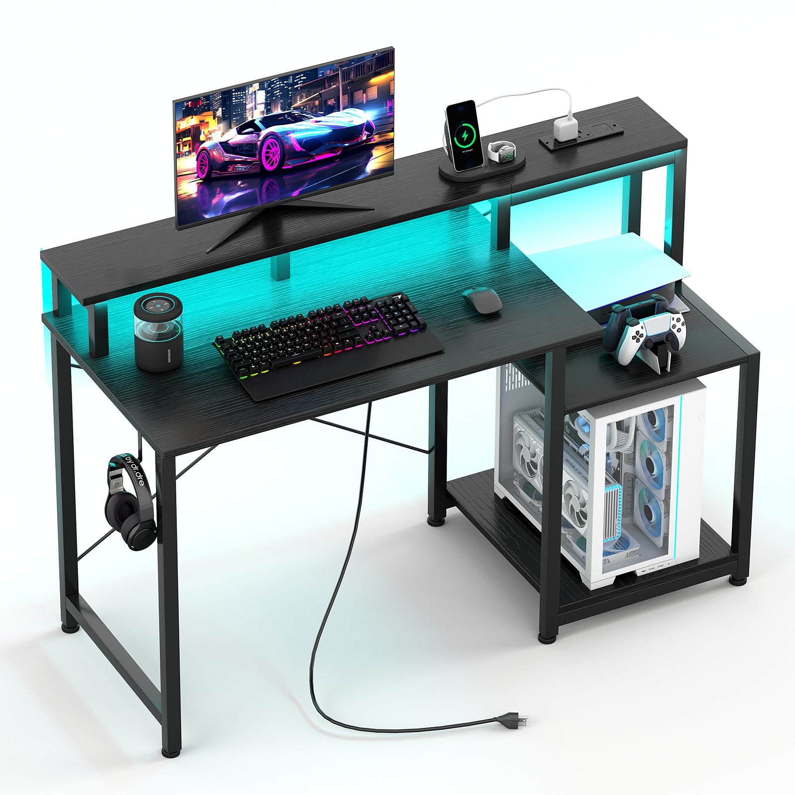 CAIYUH 48 Inch Gaming Desk, Computer Desk with Power Outlets & Adjustable LED, Teen Writing Study Table Home Office Desks for Small Space, Charging Station USB Port, Black