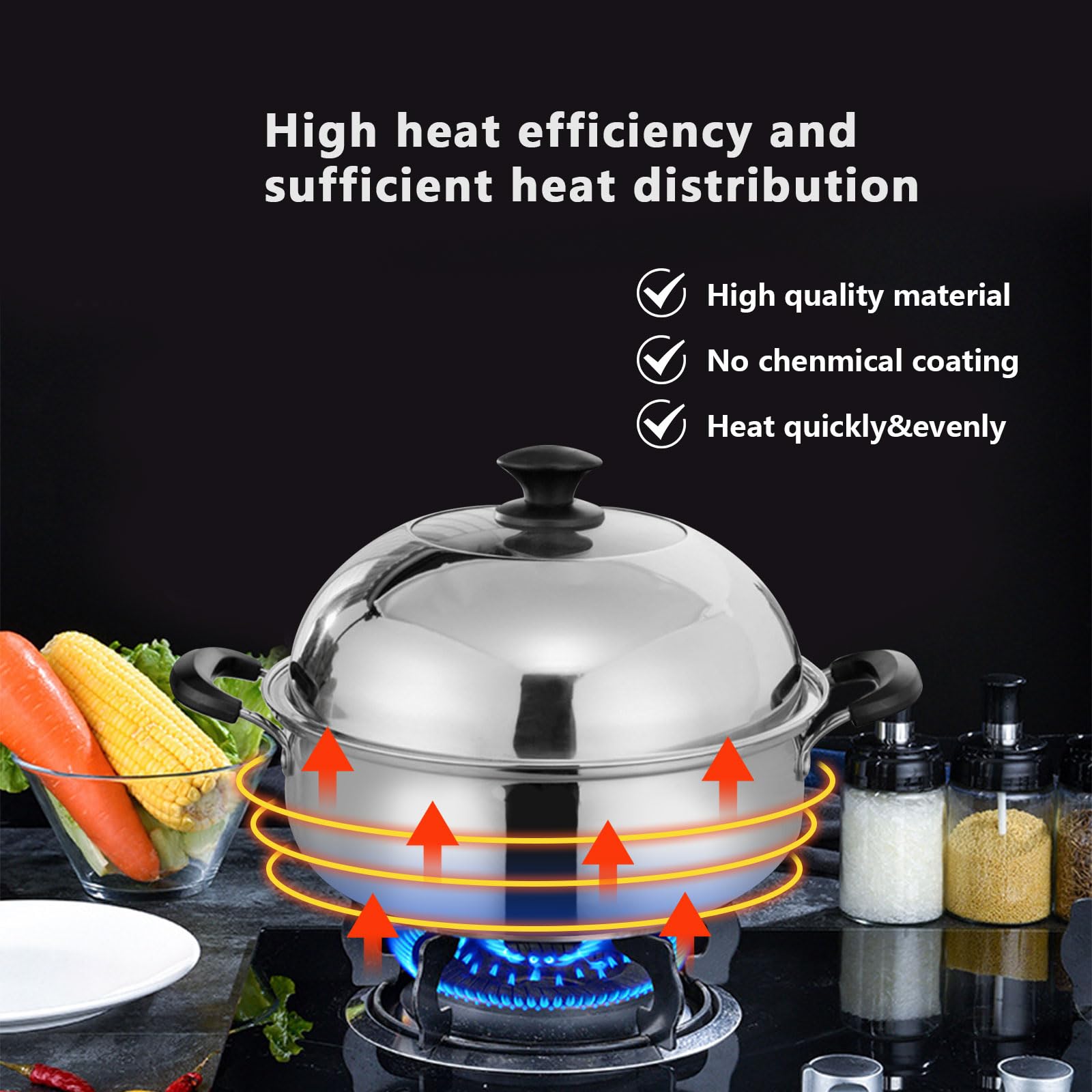 2-stufiger Dampfgartopf aus Edelstahl zum Kochen, multifunktionaler Dampfgartopf mit Deckel für Fisch, Schalentiere, Gemüse, Knödel und Suppe (30 cm)