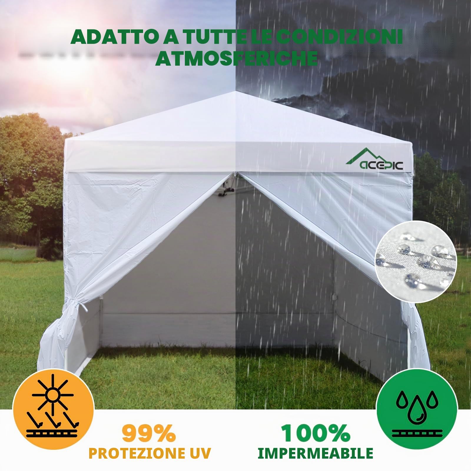 4 Pareti per Gazebo 3x3 Impermeabili e Anti-UV 99% - Teli Laterali per Tendone da Giardino, Colore Bianco (Solo 4 Parti Laterali, Senza Struttura)
