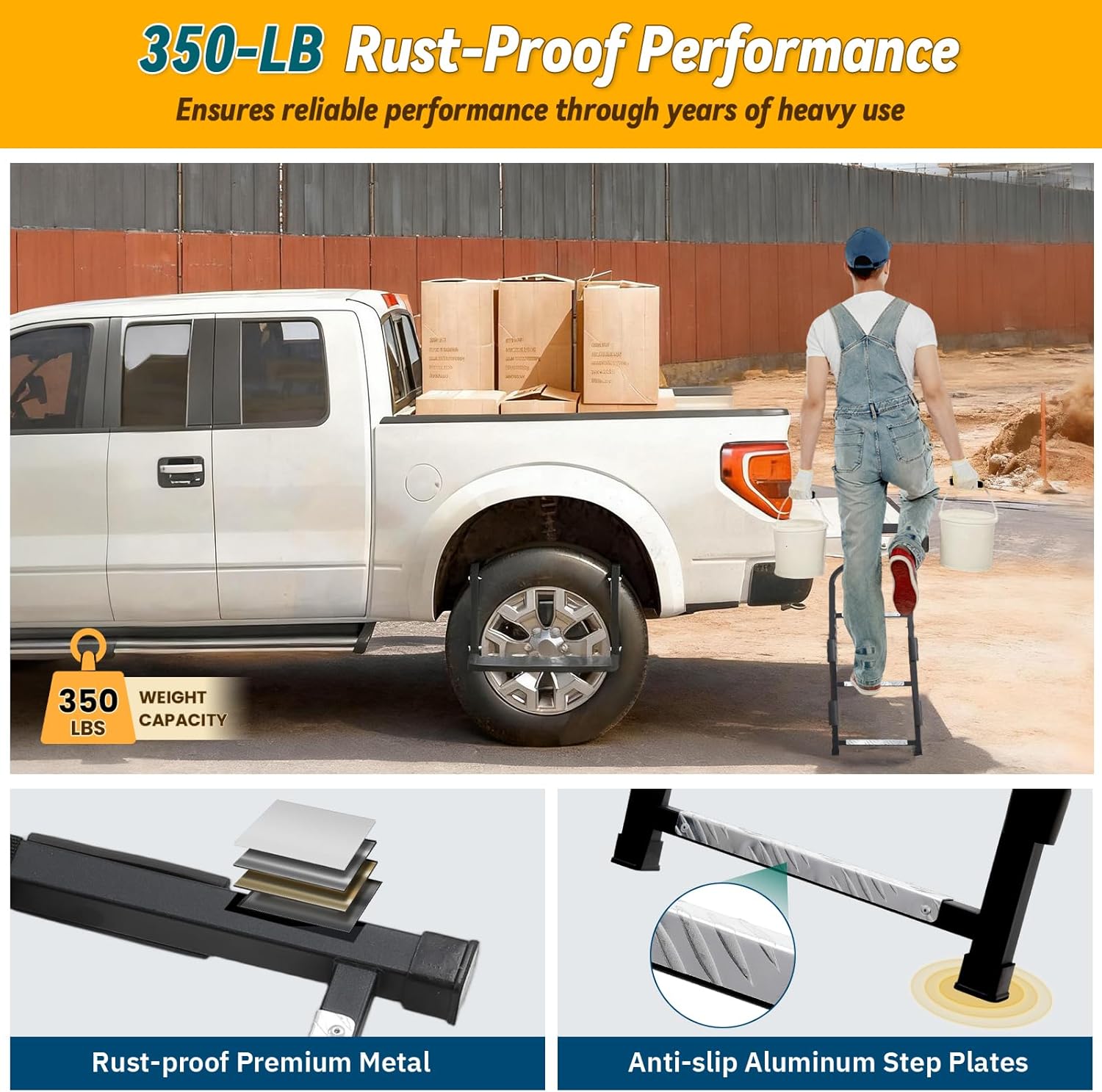 Tailgate Ladder for Pickup Truck, Universal 34"-42" Height Adjustable Tailgate Step with Non-Slip Wide Pedal, Heavy Duty Durable Truck Ladder for Ford Dodge Ram Hilux Chevy GMC, Capacity 350 lbs