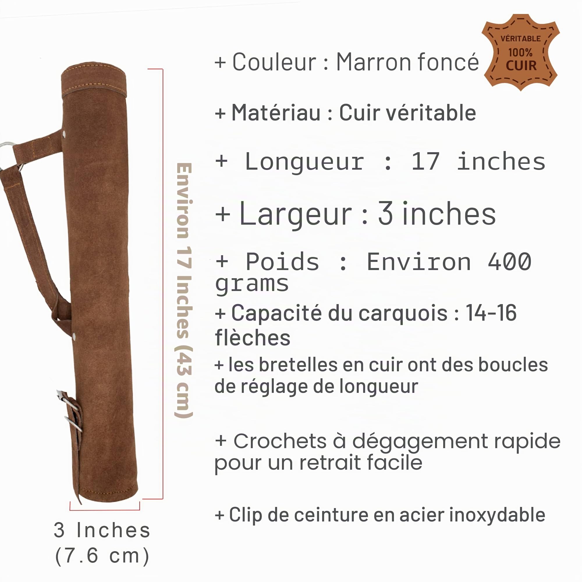 Carquois de tir à l'arc en Cuir – Sac bandoulière Traditionnel à la Taille et à la Hanche avec bandoulière réglable pour Le tir et la Chasse