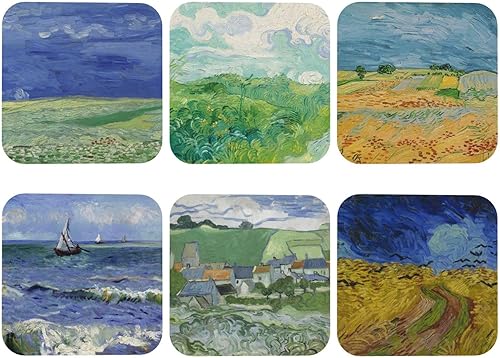 Juego de posavasos de cuero para bebidas Van Gogh Art Posavasos - Utiliza 6 pinturas famosas de Van Gogh, regalos únicos de inauguración de la casa