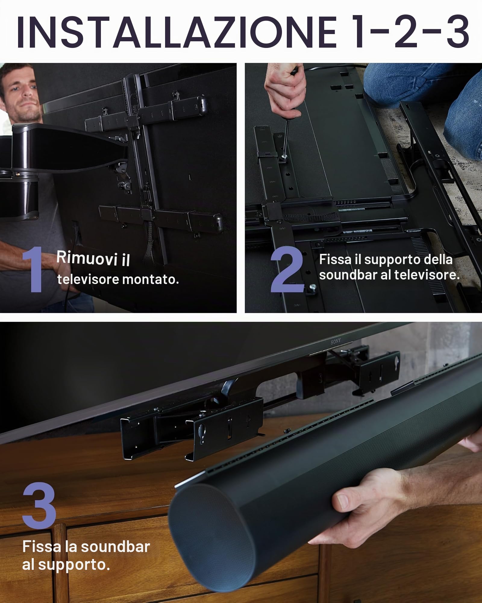 SANUS - Supporto da parete per soundbar, progettato Sonos Arc Sound bar Altezza e profondità regolabili Dolby Atmos Compatibilità universale con altri supporti TV Montaggio Facile OSSATM