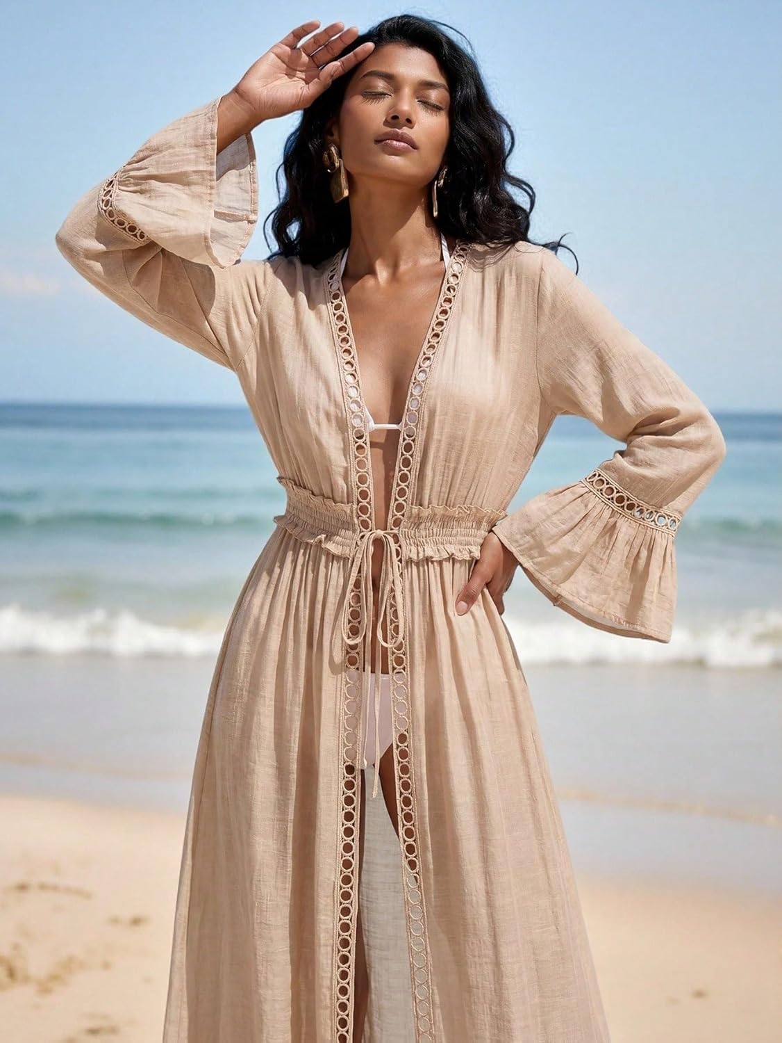 Women's Summer Beach Lace Open Front Waist Tie Ruffle Hem Long Sleeve Elegant Kimono Cover Up cover ups for swimwear