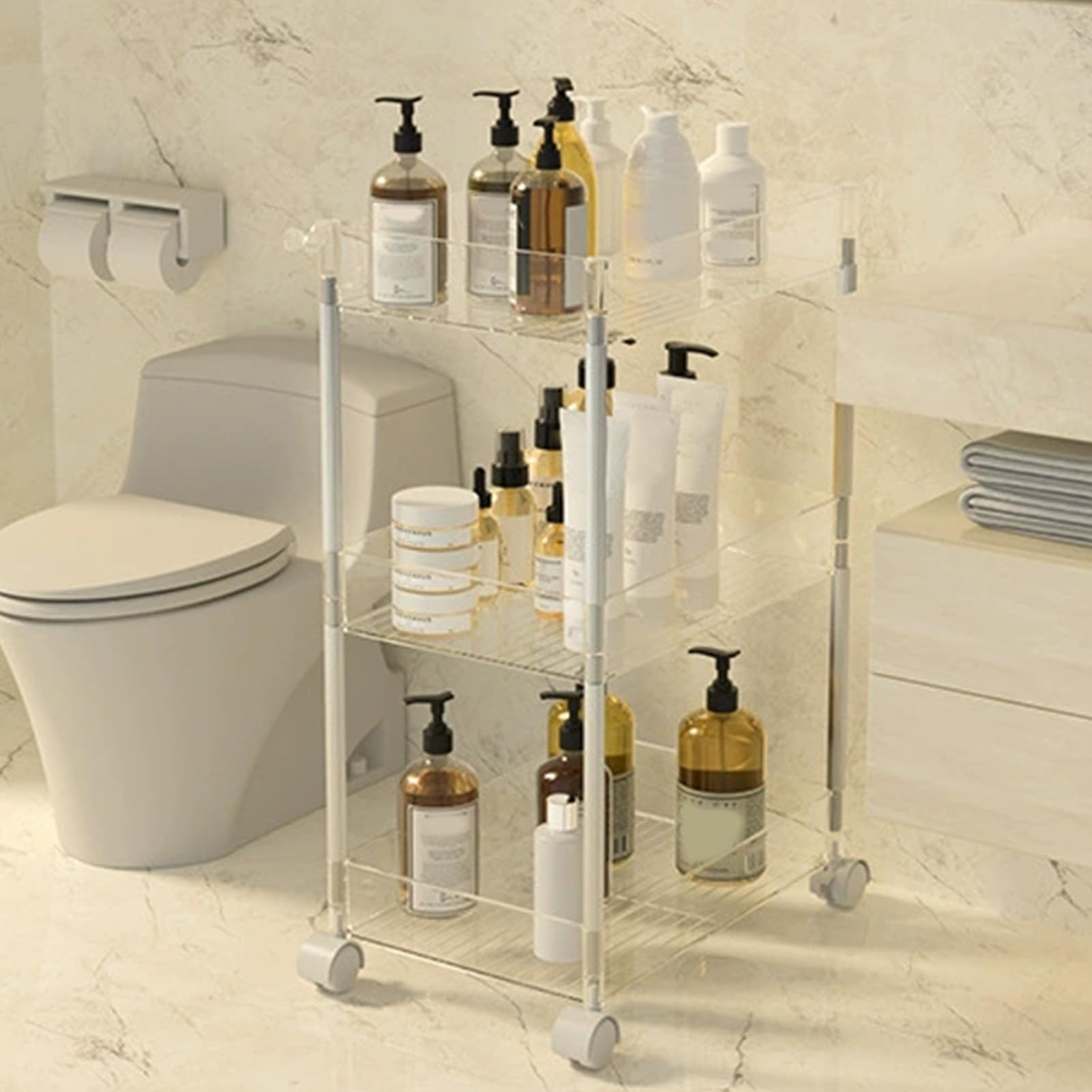 Carrito rodante utilitario con ruedas bloqueables, estantes móviles de 3 niveles con ganchos para baño, cocina, dormitorio, almacenamiento, diseño transparente