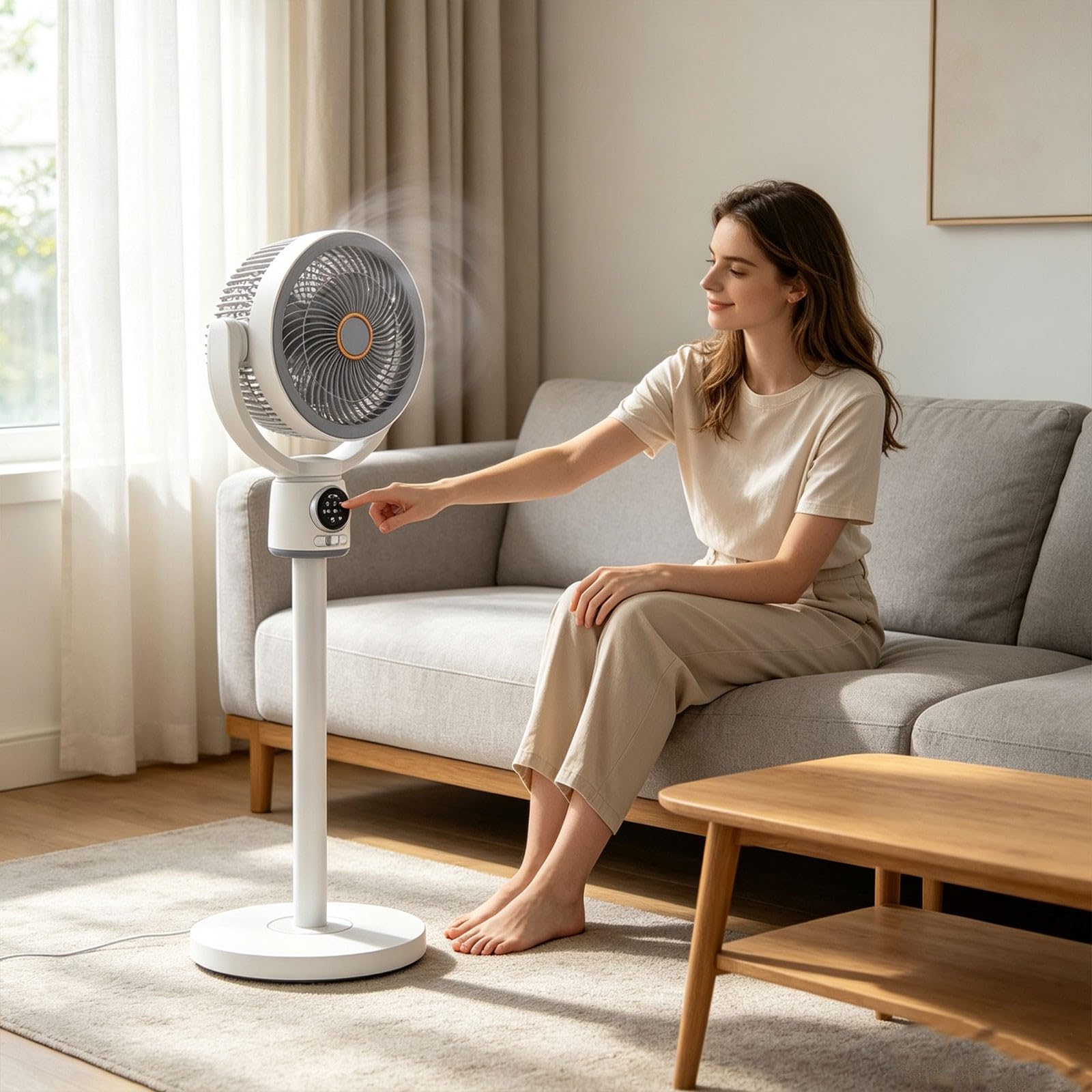 Ventilatore a Piantana Ricaricabile USB-C con Telecomando, 5 Velocità e 4 Altezze Regolabili, Timer, Luce LED Notturna, Circolatore d'Aria 8D Oscillante, Per Camera Da Lettos, Casa, Ufficio, Cucina