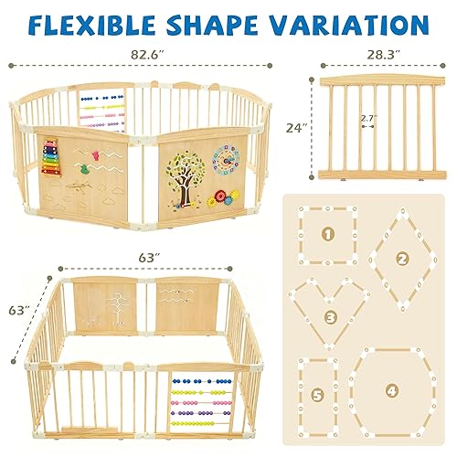 Miniatura 2 de Corralito de madera para bebés y niños pequeños, corralito plegable con puerta de bloqueo, tamaño y forma ajustables, patio de juegos para niños, 8