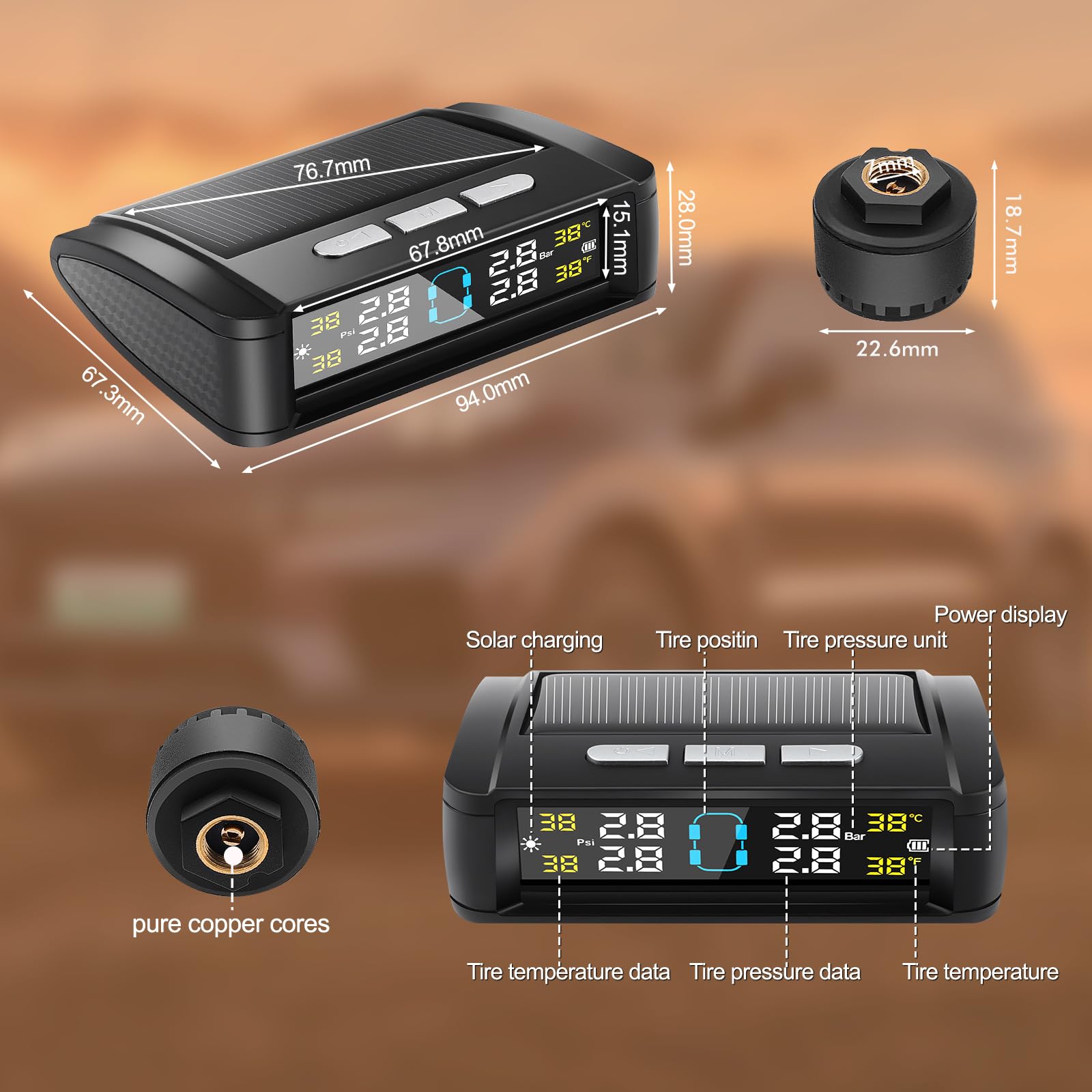 0-6 bar Sistema di Monitoraggio della Pressione dei Pneumatici TPMS con 4 Gomme Sensore Esterni degli Pneumatici 5 Modalità di Allarme, Universale ad Energia Solare per Auto SUV Caravan