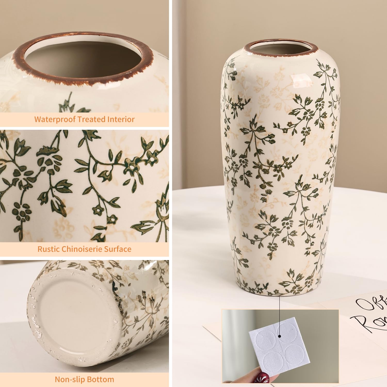 Green Vintage Chinoiserie Floral Ceramic Vase Rustic Large Vase