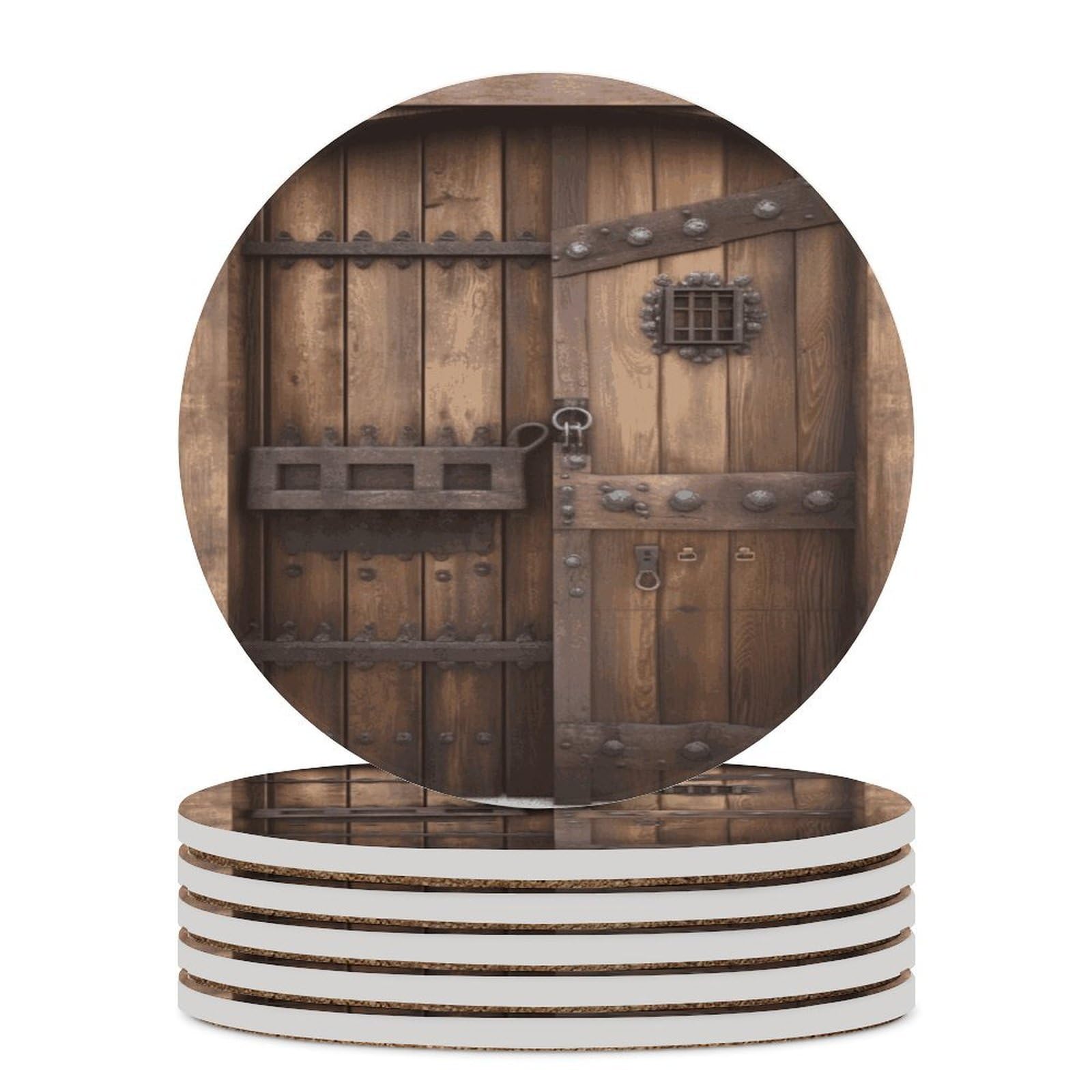 Khauerbc Style Rustic Stall Wooden Door Drink Coasters With Holder For Coffee Table,Ceramic Coaster With Cork Base,Ceramic Stone Coaster For Iced Cold Or Hot Drinks,4.1 Inches