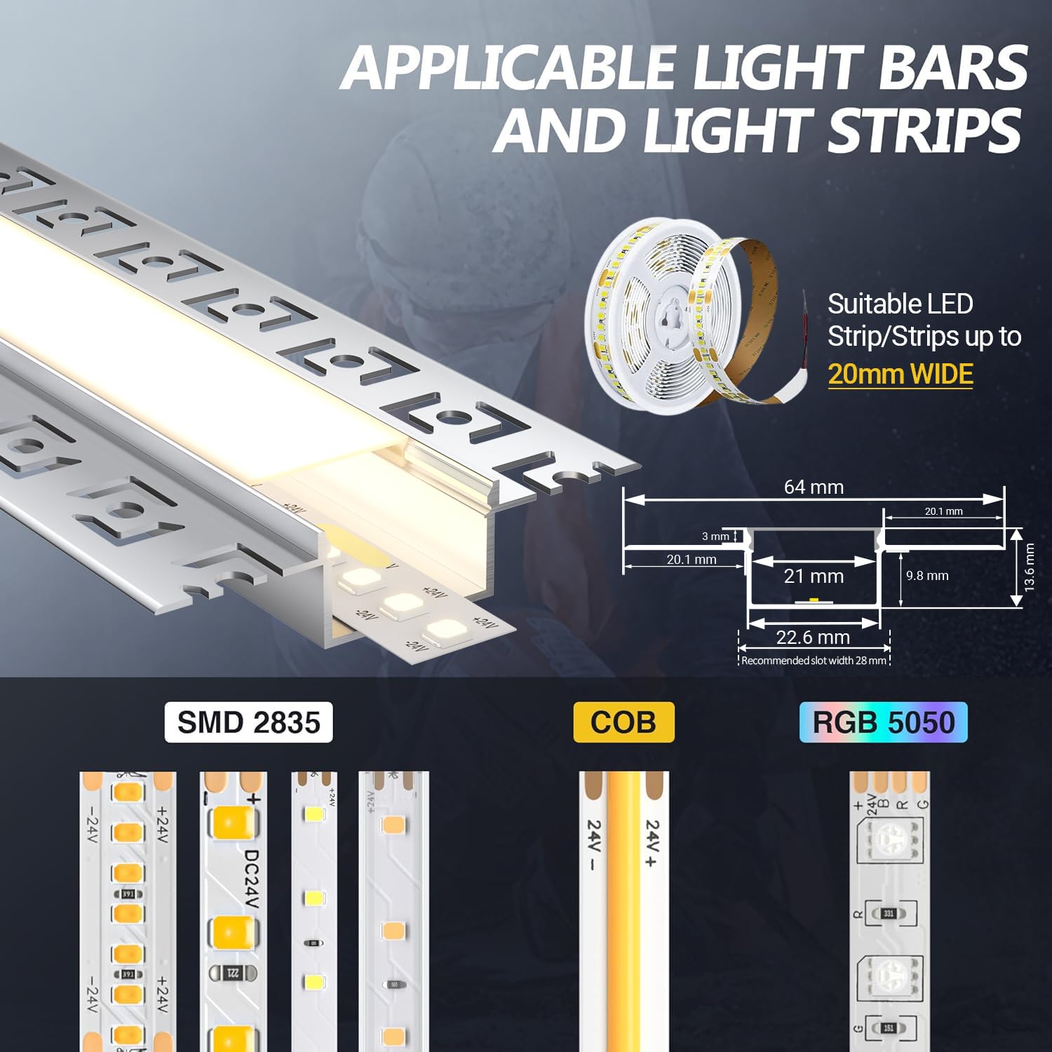 LED Trockenbauprofil 2m × 6 – Alu Unterputz Profil 64.2x13.8mm für Streifen bis 20mm – Led unterputz profil trockenbau Aluminium Profile Schiene Kanäle Leiste Diffusor mit Abdeckung & Clips