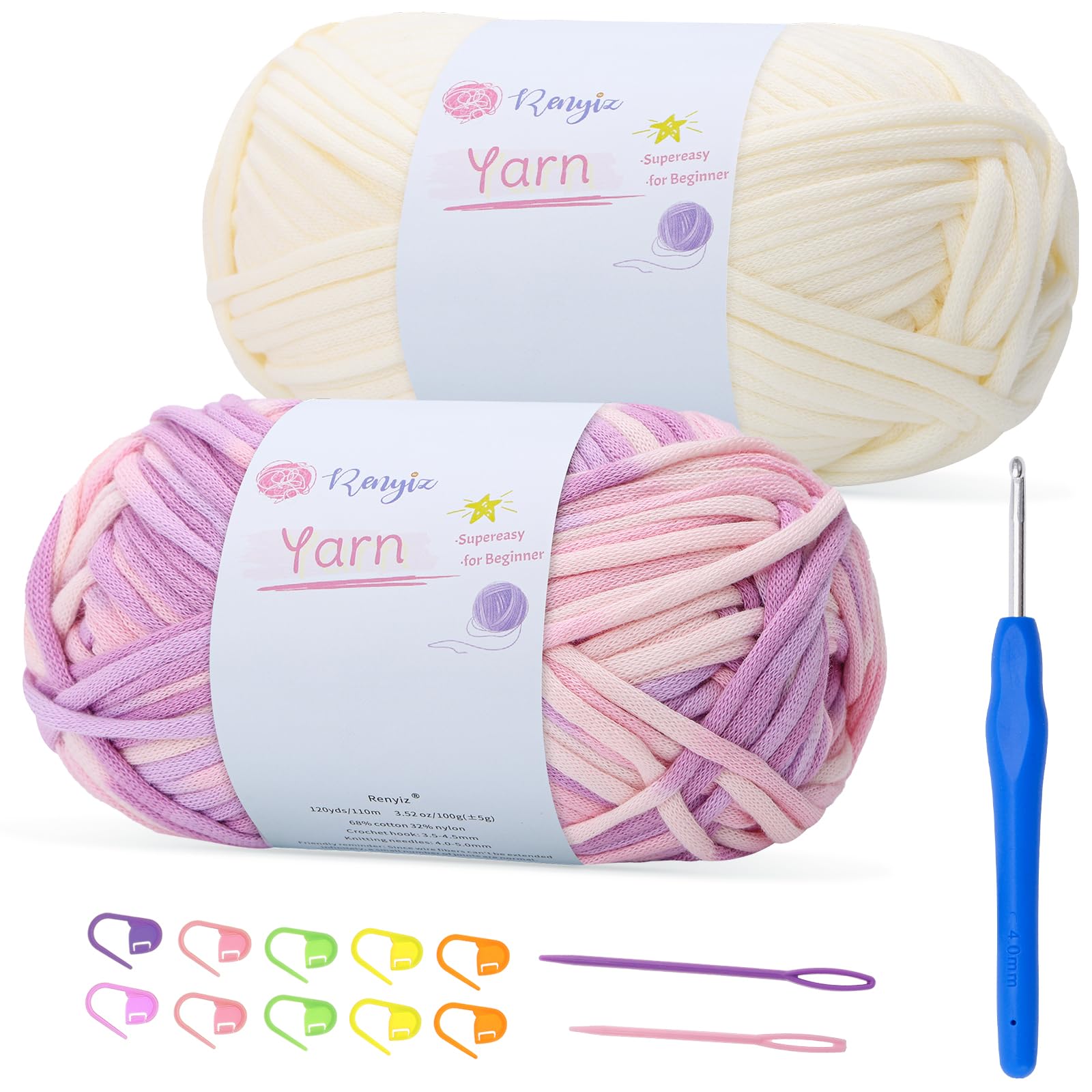 100gx2 Chunky Cotton Crochet Yarn with 4mm Hook, Soft Non-Split Thick Yarn for Amigurumi DIY Gifts Home Decor