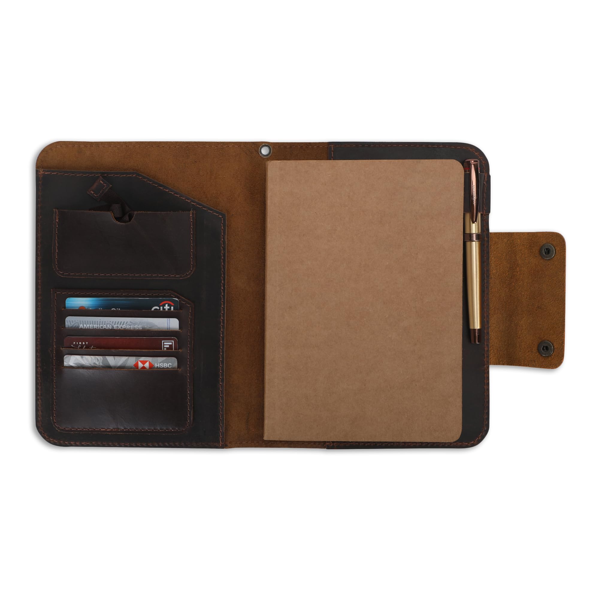 Couverture de carnet rechargeable en cuir rustique A5 faite à la main avec boucle pour stylo, 5 emplacements pour cartes, espace pour bloc-notes avec organiseur de 160 pages pour écrire des